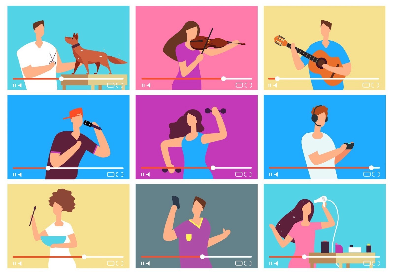 Grid of diverse content creators filming videos across niches including music, gaming, cooking, and beauty