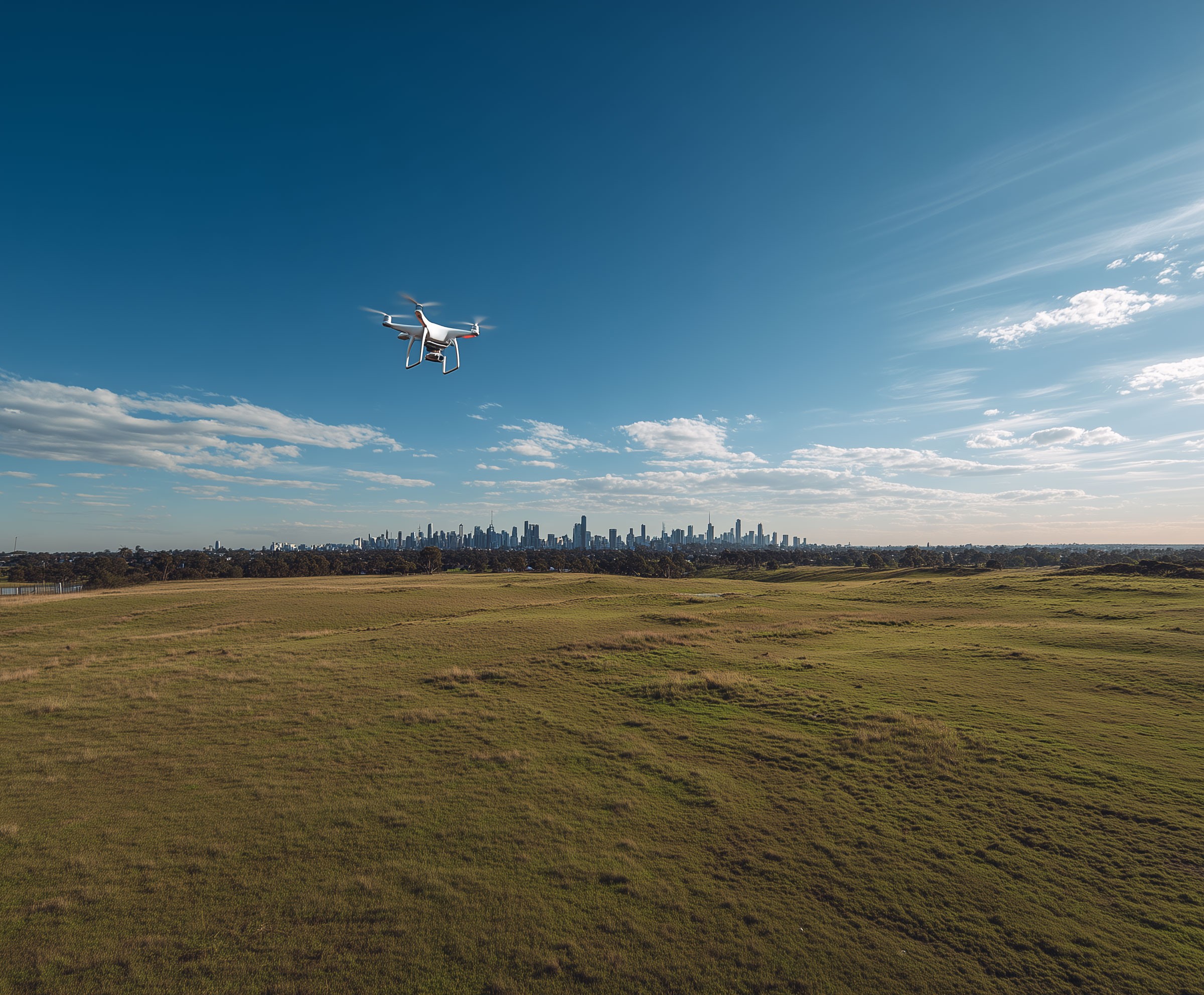 Wide angle shot of a vast field and wide expanse of sky. Drone flying in the sky with Melbourne city on the horizon.
