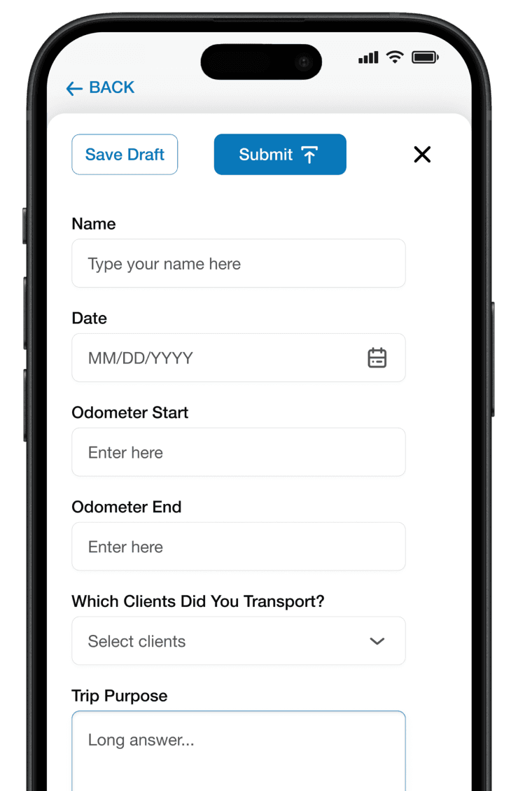 Transportation form in mobile app.