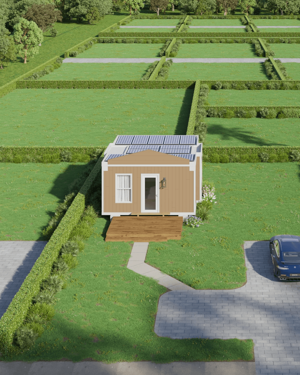 Small factory-built backyard ADU with rooftop solar panels and front deck.