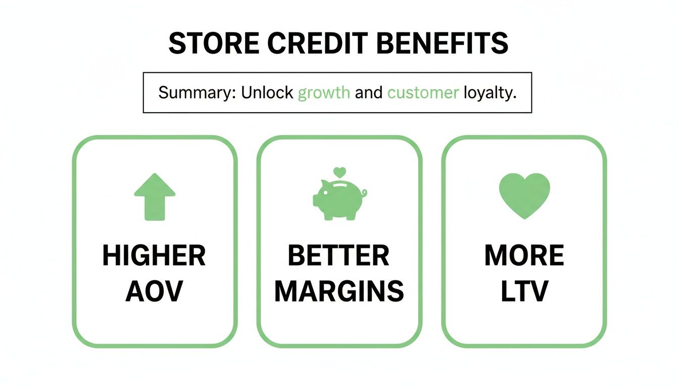 Infographic detailing store credit benefits like higher AOV, better margins, and increased customer loyalty.