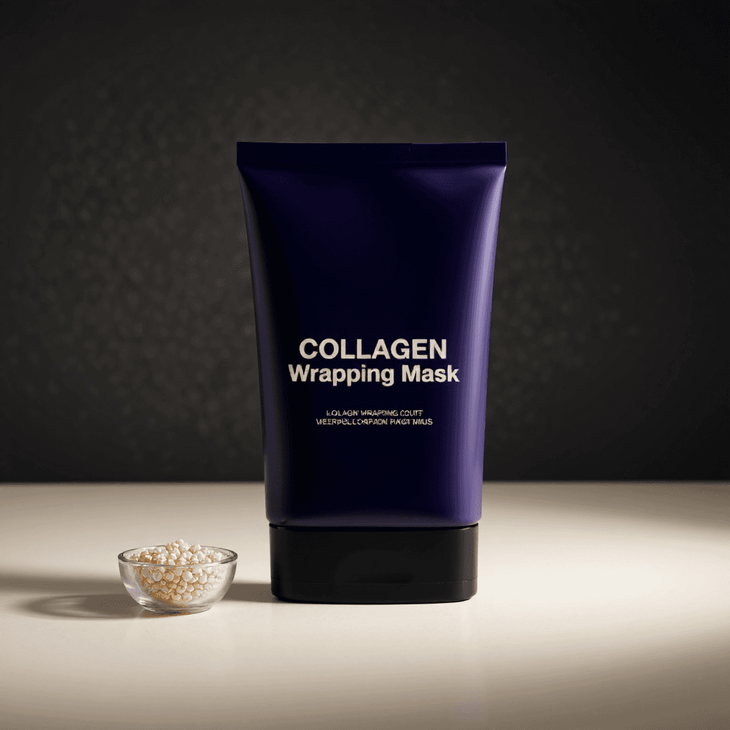 product photography of tube of collagen wrapping mask