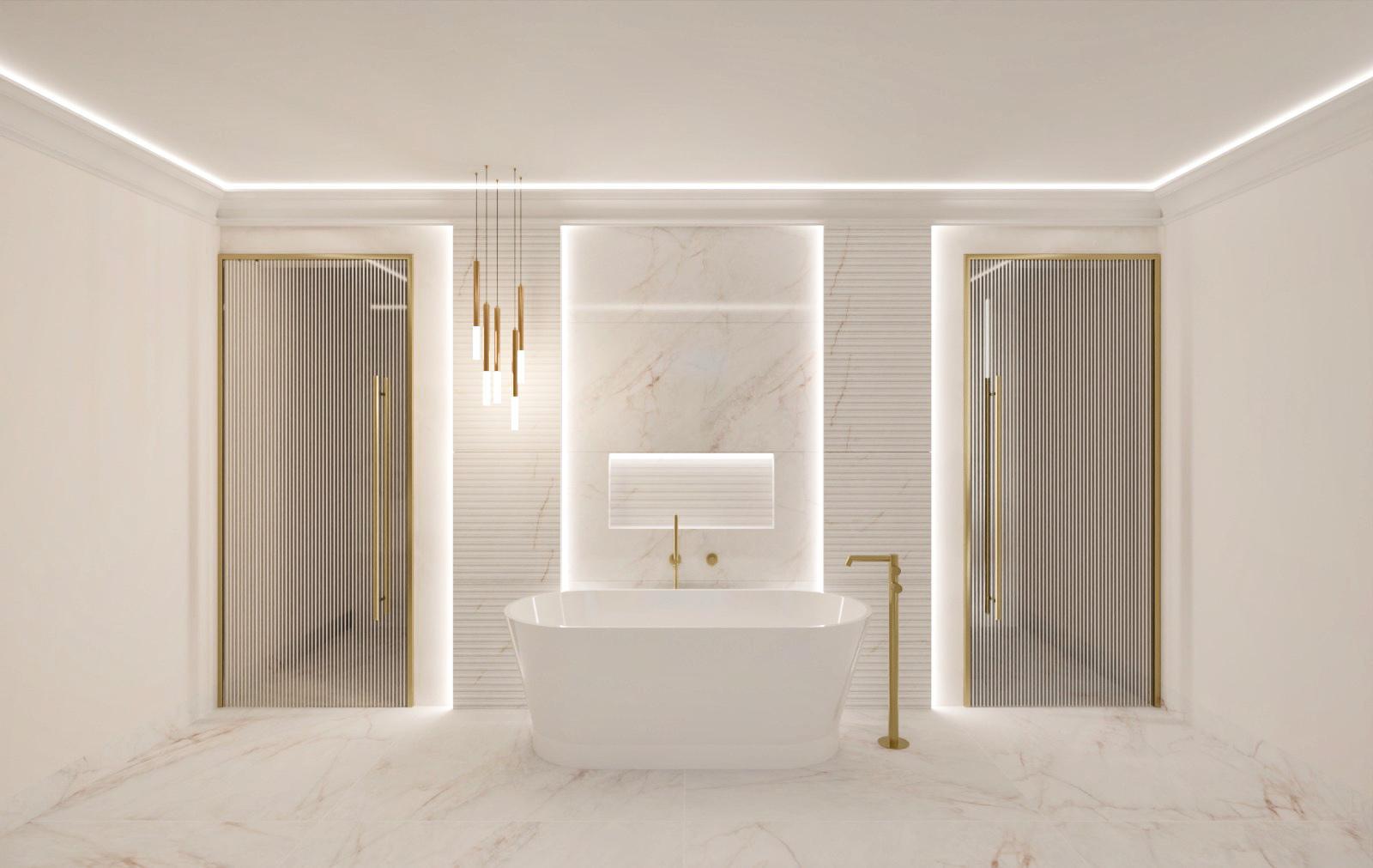 Modern building with glass walls, illuminated trees, and people overlooking a cityscape at sunset