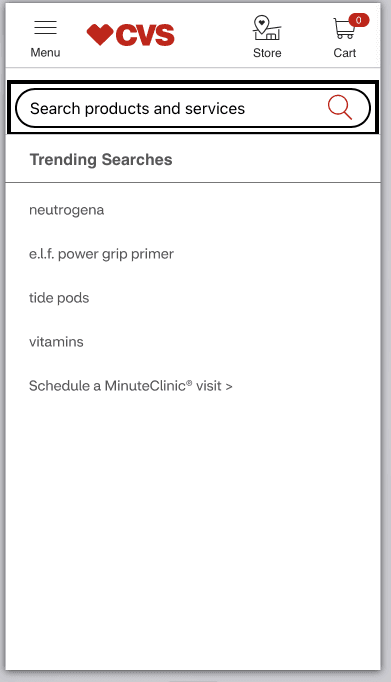 a screenshot displaying the trendings searches section for cvs, with a link to minute clinic services at the bottom