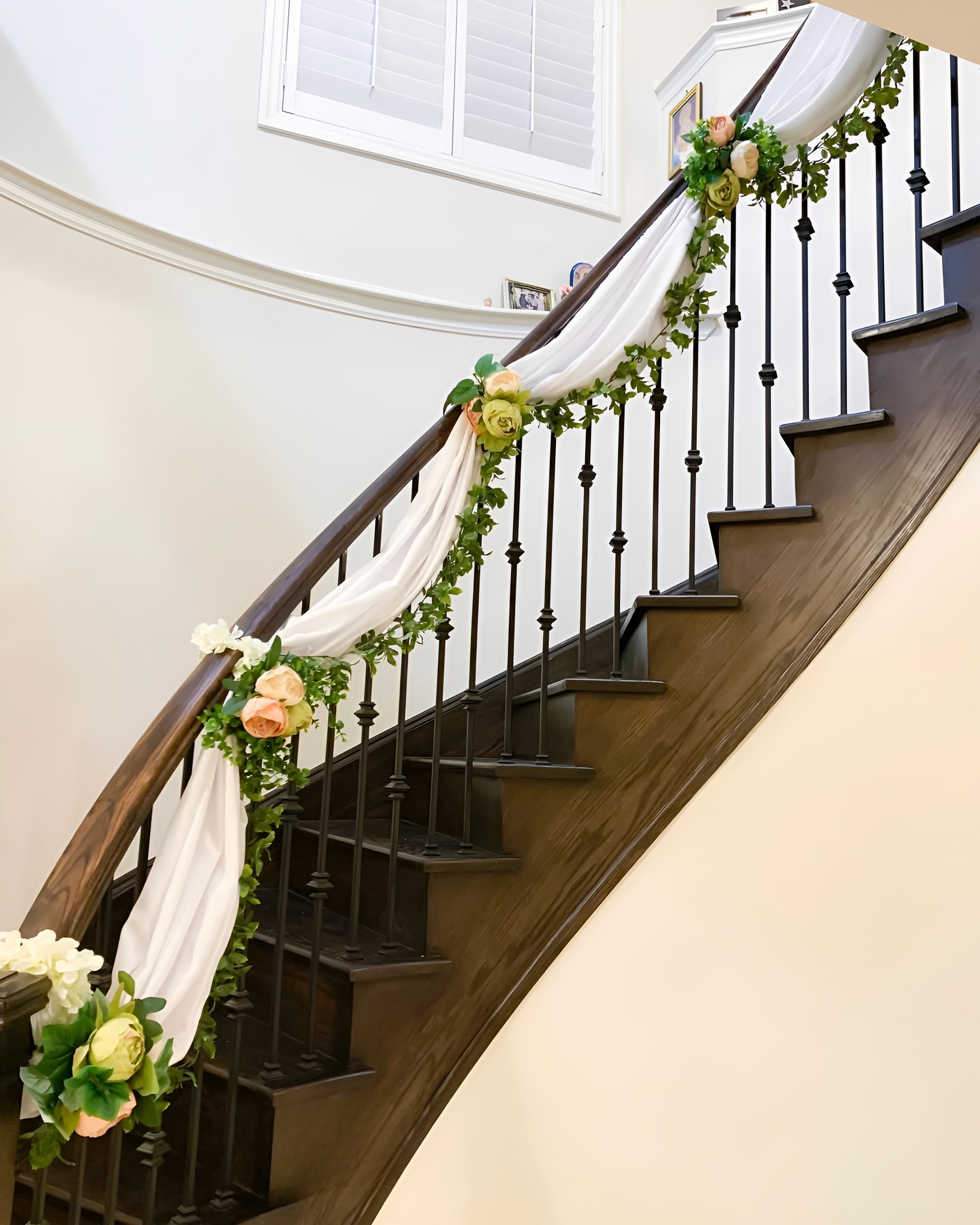 Stair decor with white fabric drapes & flowers, elegant inside home wedding decoration in Palam, Dwarka, Vikaspuri & Saket