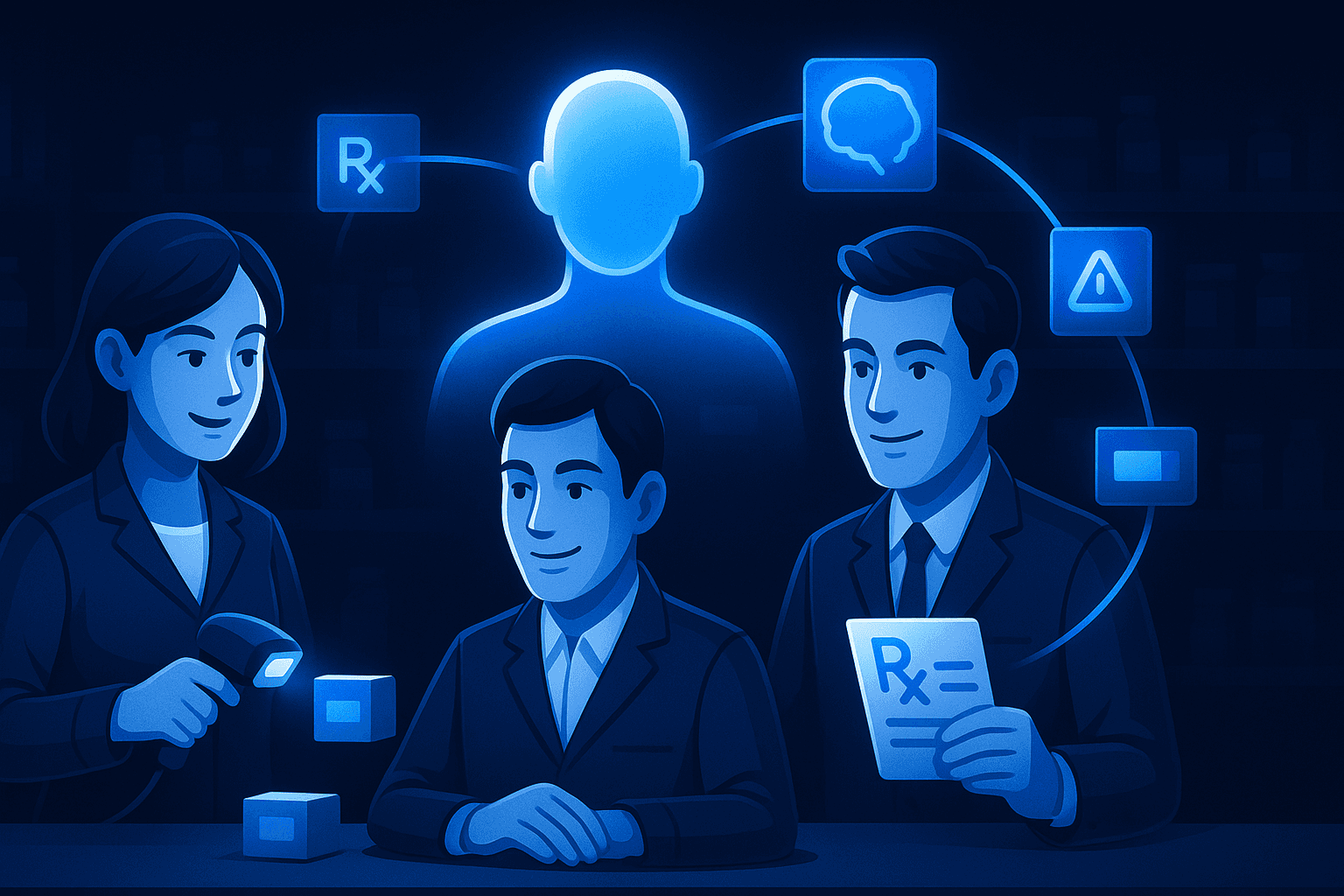 Inside a futuristic pharmacy, a confident team of pharmacists works collaboratively. A glowing, humanoid AI figure in the background connects digitally to floating icons, such as prescriptions and alerts. The blue-toned environment conveys harmony, teamwork, and digital support without chaos.