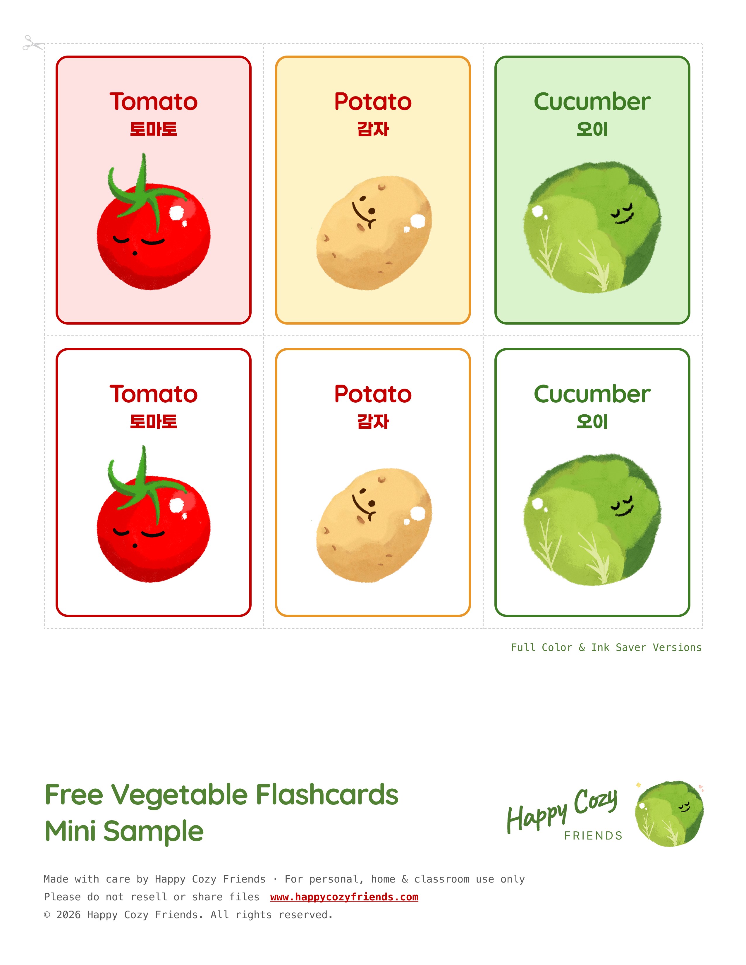 Free vegetable flashcard sample preview showing tomato, potato, and cucumber cards in full color and ink saver versions.