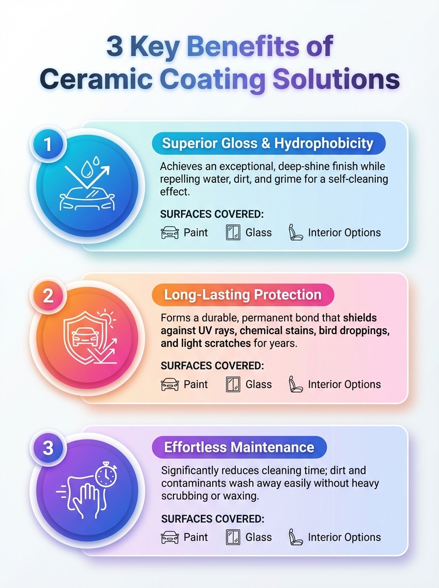 Infographic showing 3 key benefits of Ceramic Coating Solutions: protection, durability, and easy maintenance.