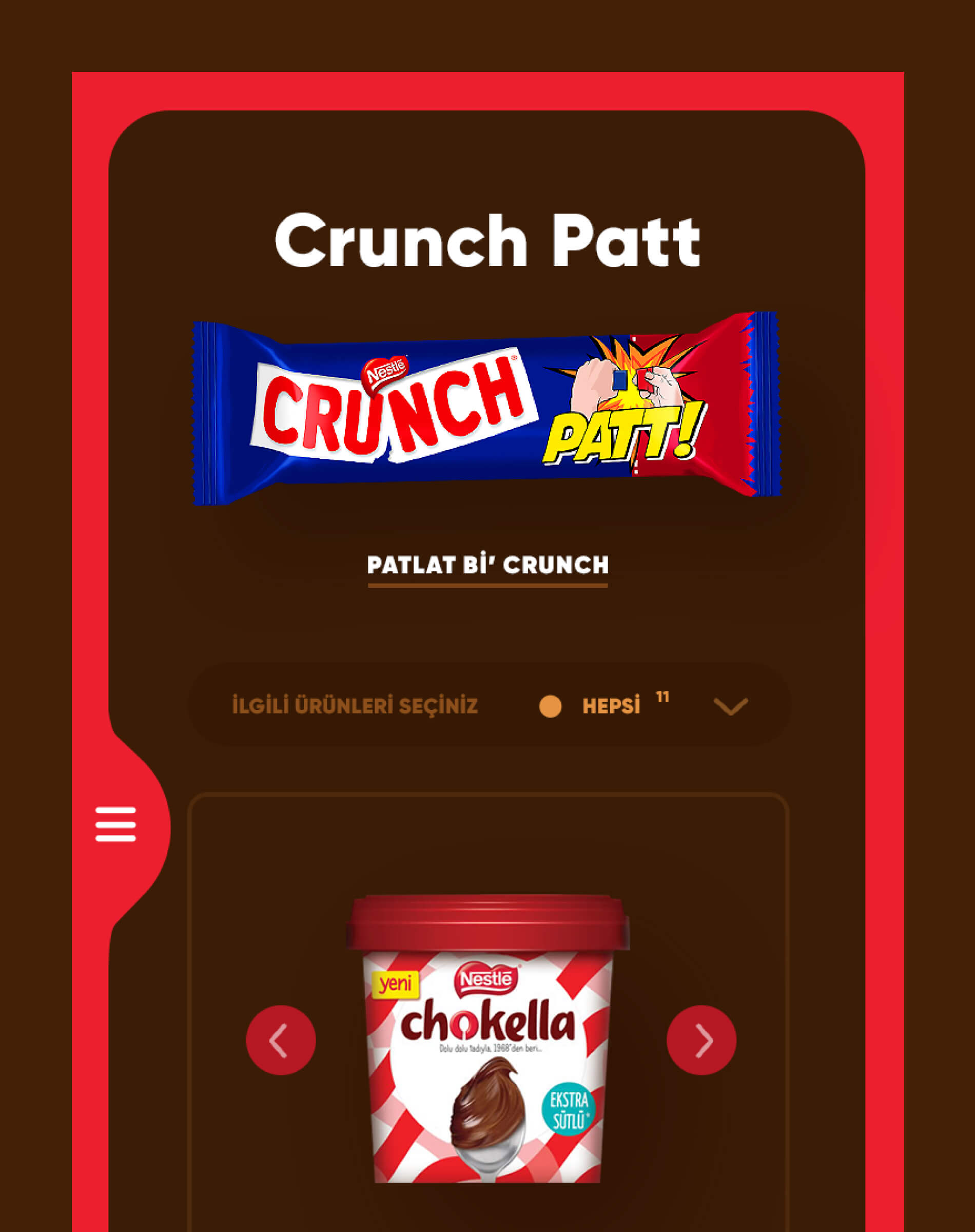 Mobile view of Nestlé Crunch Patt feature on Cikolatam.com with Crunch Patt bar and carousel of Nestlé Chokella hazelnut cream in chocolate-themed UI.
