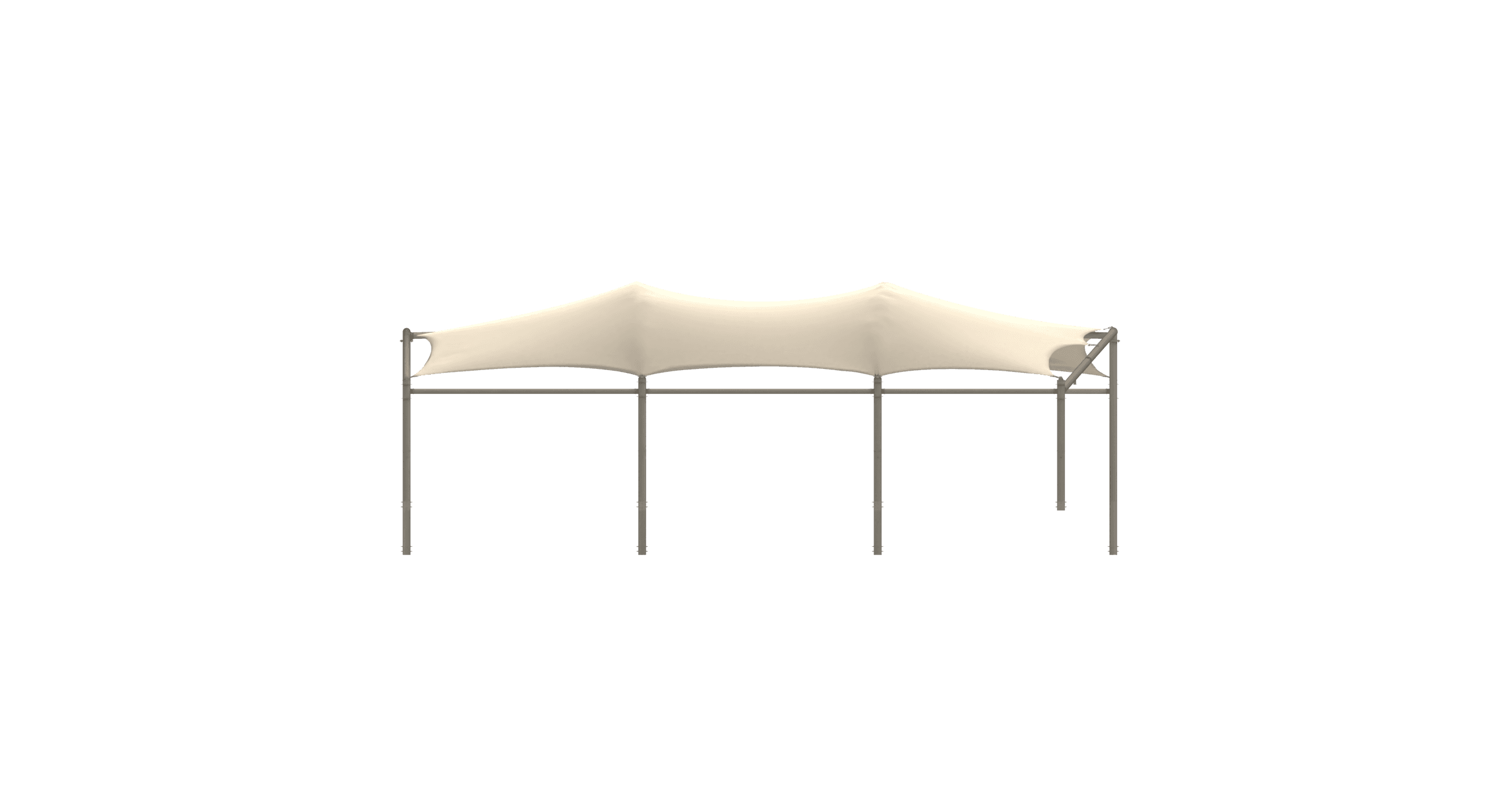 Front view: Roof construction on a frame with four curved, beige fabric panels.