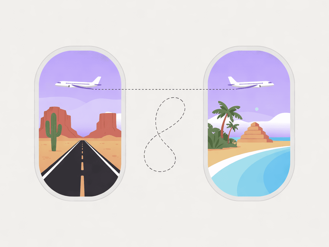 A single dotted path linking a desert highway in the US to a Mexican coastline with palms and a pyramid silhouette, in the Umi style