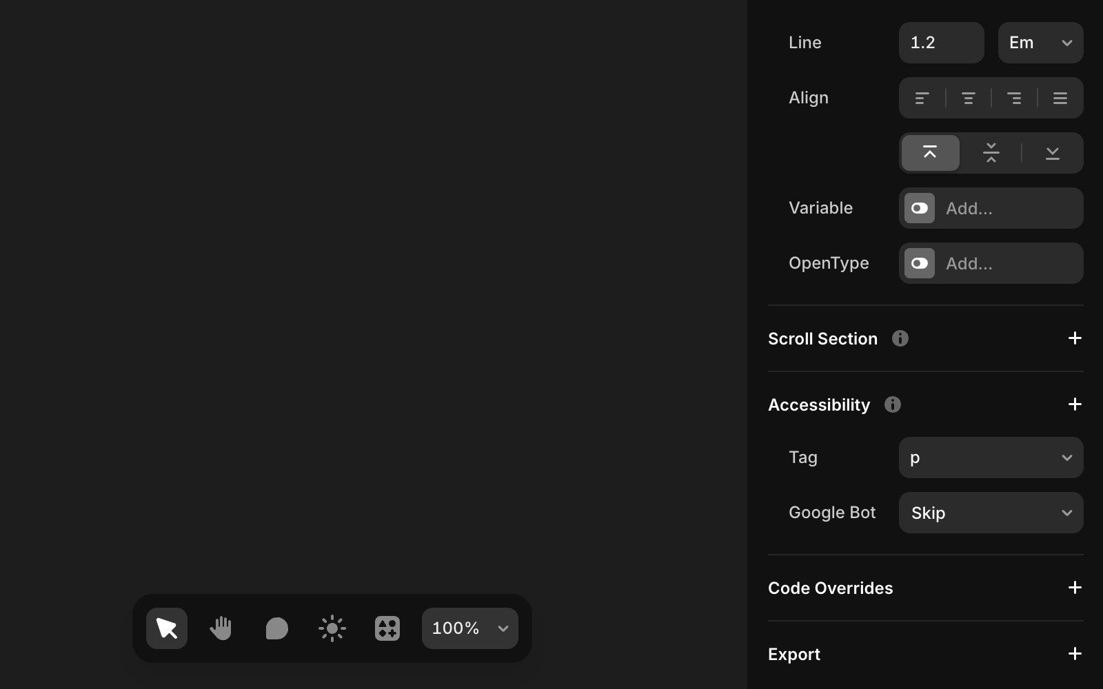 Framer 界面截图,显示可访问性面板中的 Google Bot 设置。面板展示了文本对齐、变量设置等选项,并显著突出 Google Bot 下拉菜单设置为 'Skip'。此设置可防止 Google 在搜索结果描述中使用选定内容。