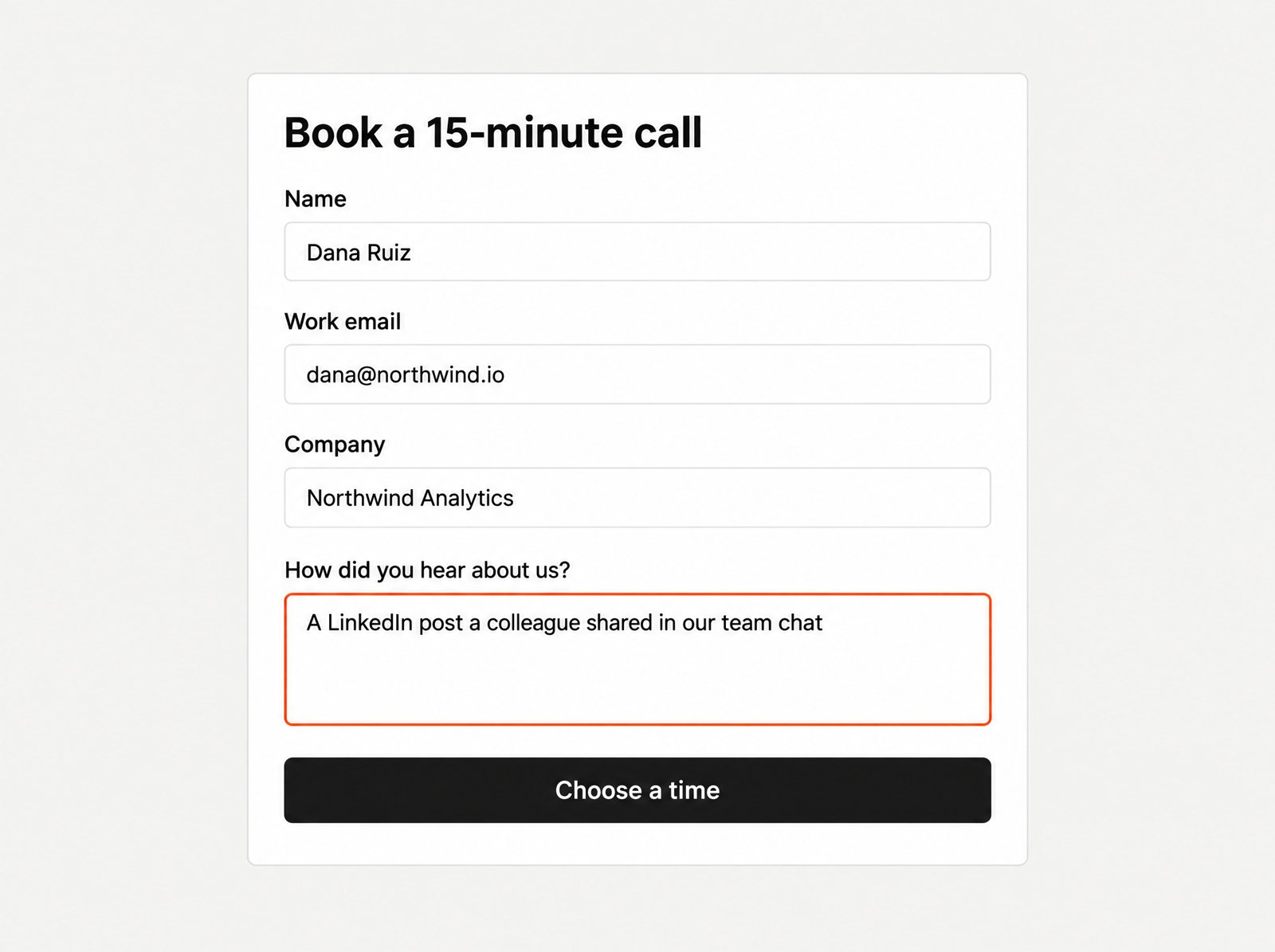 Example booking form with name, work email, company and an open text field, How did you hear about us?, highlighted