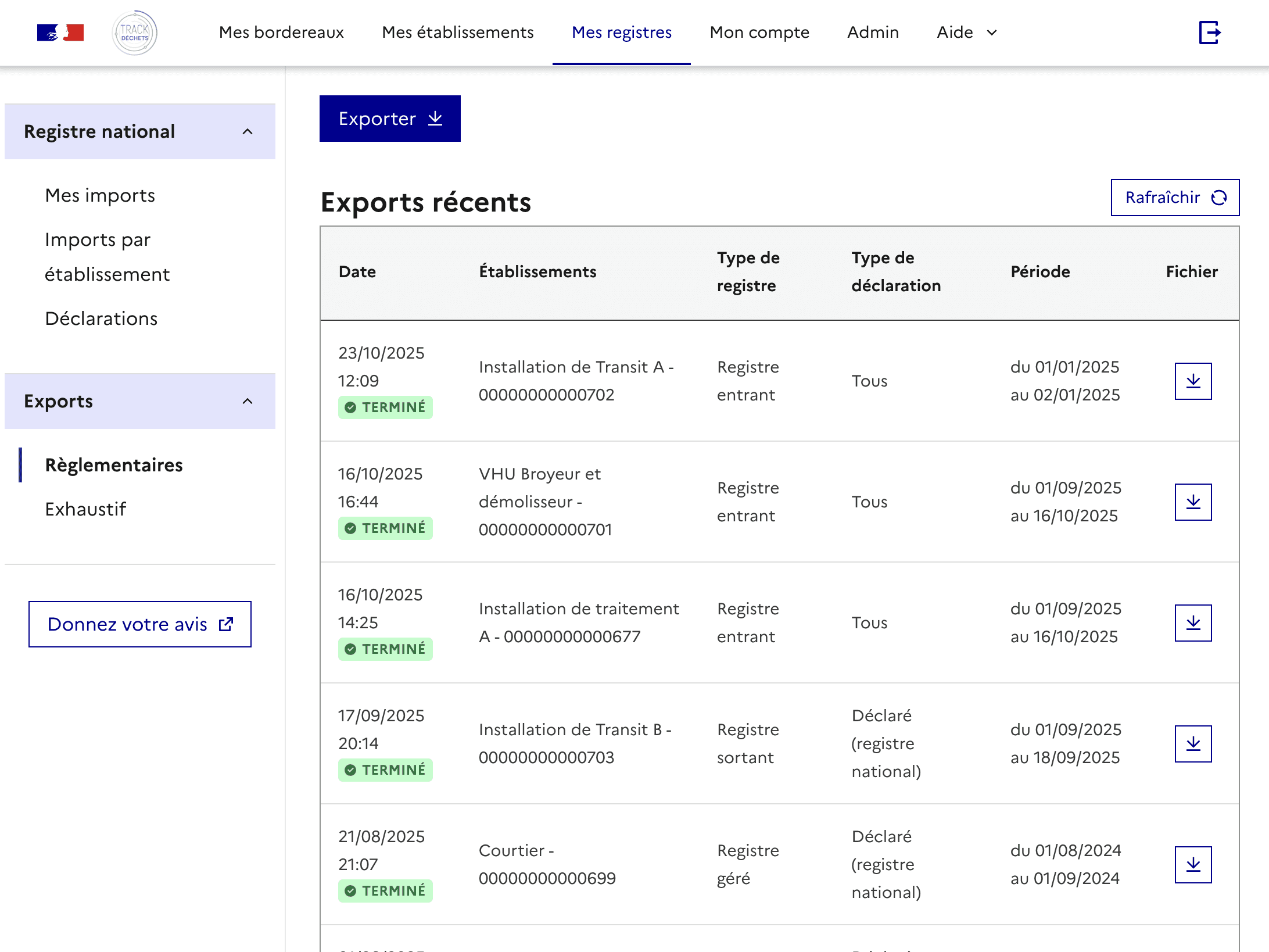 View of the trackdéchets dashboard
