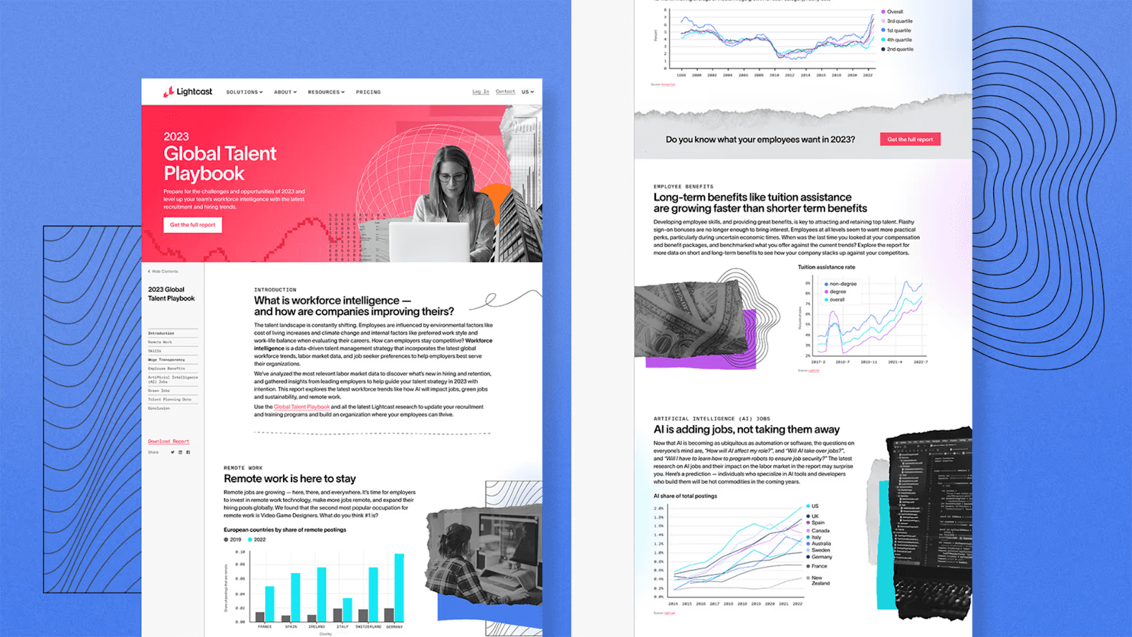 Lightcast global talent playbook marketing report landing page with data visualizations