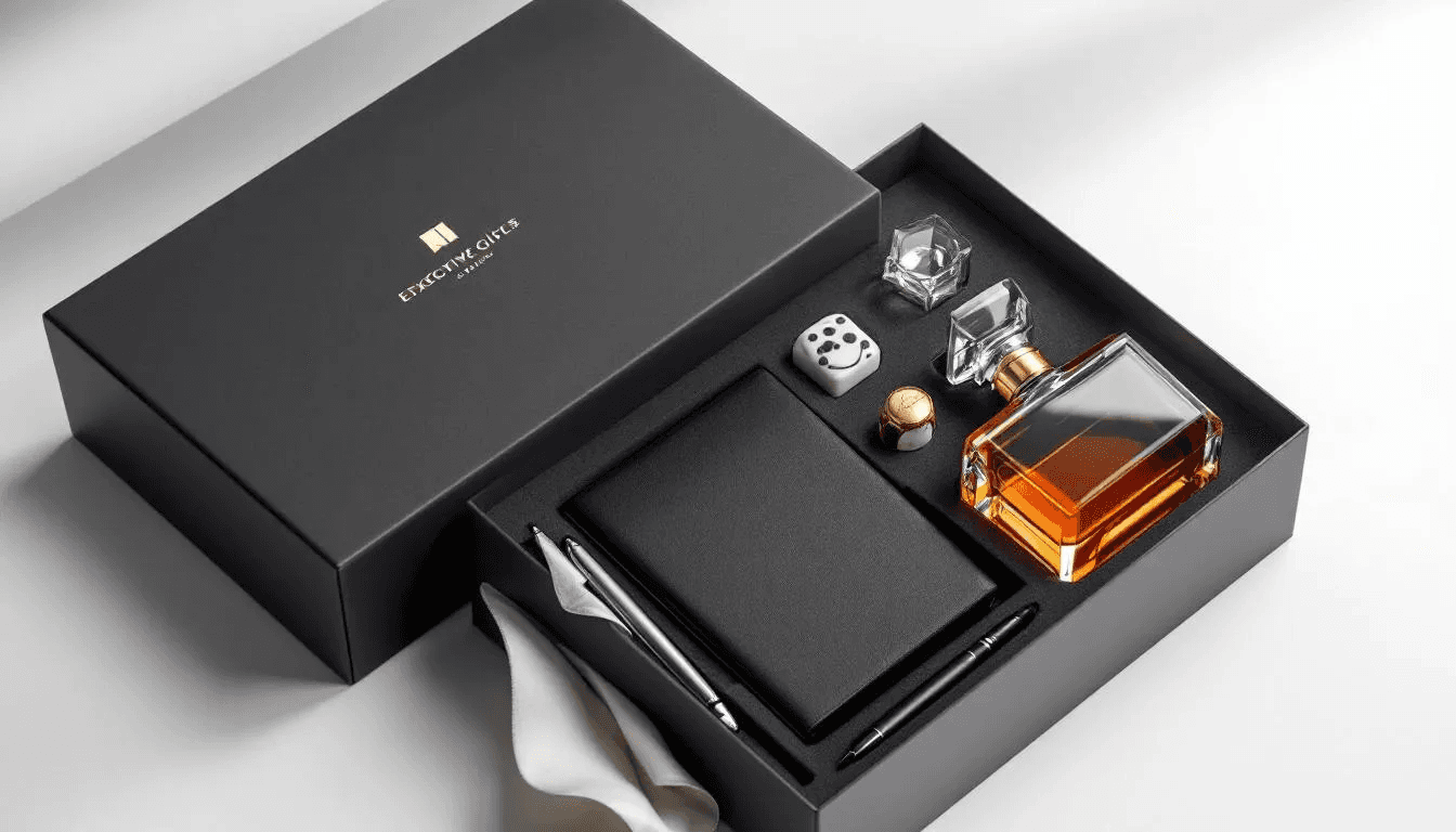 A beautifully arranged executive gift box containing luxury holiday gifts for top executives in 2025.