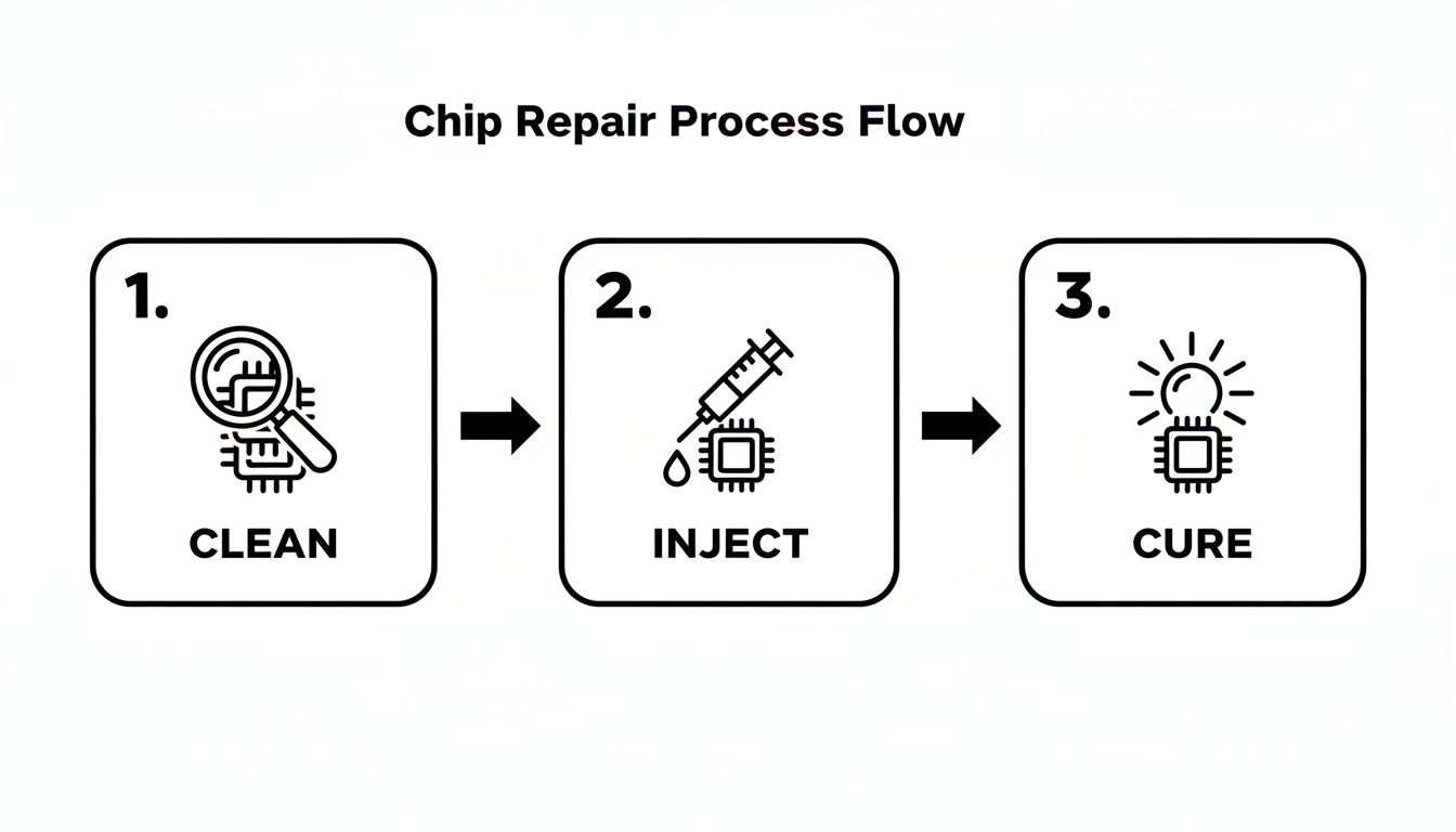A three-step process flow diagram for chip repair, illustrating cleaning, injecting, and curing with icons.