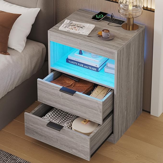 Gray nightstand with charging station – A stylish and functional furniture piece, perfect for any modern home.