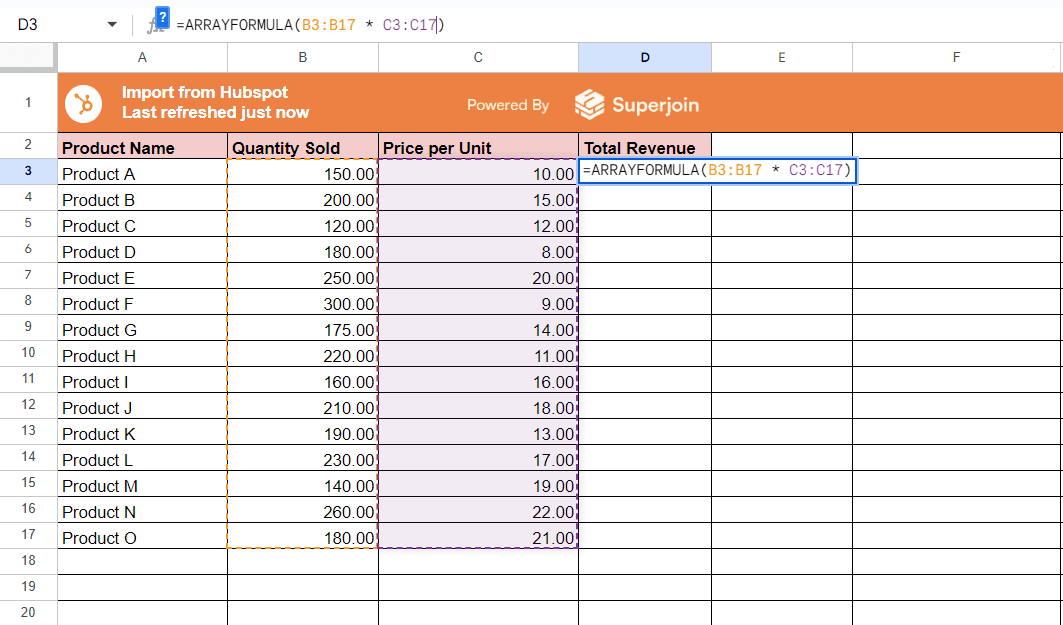 Enter the formula to calculate the total revenue using ARRAYFORMULA