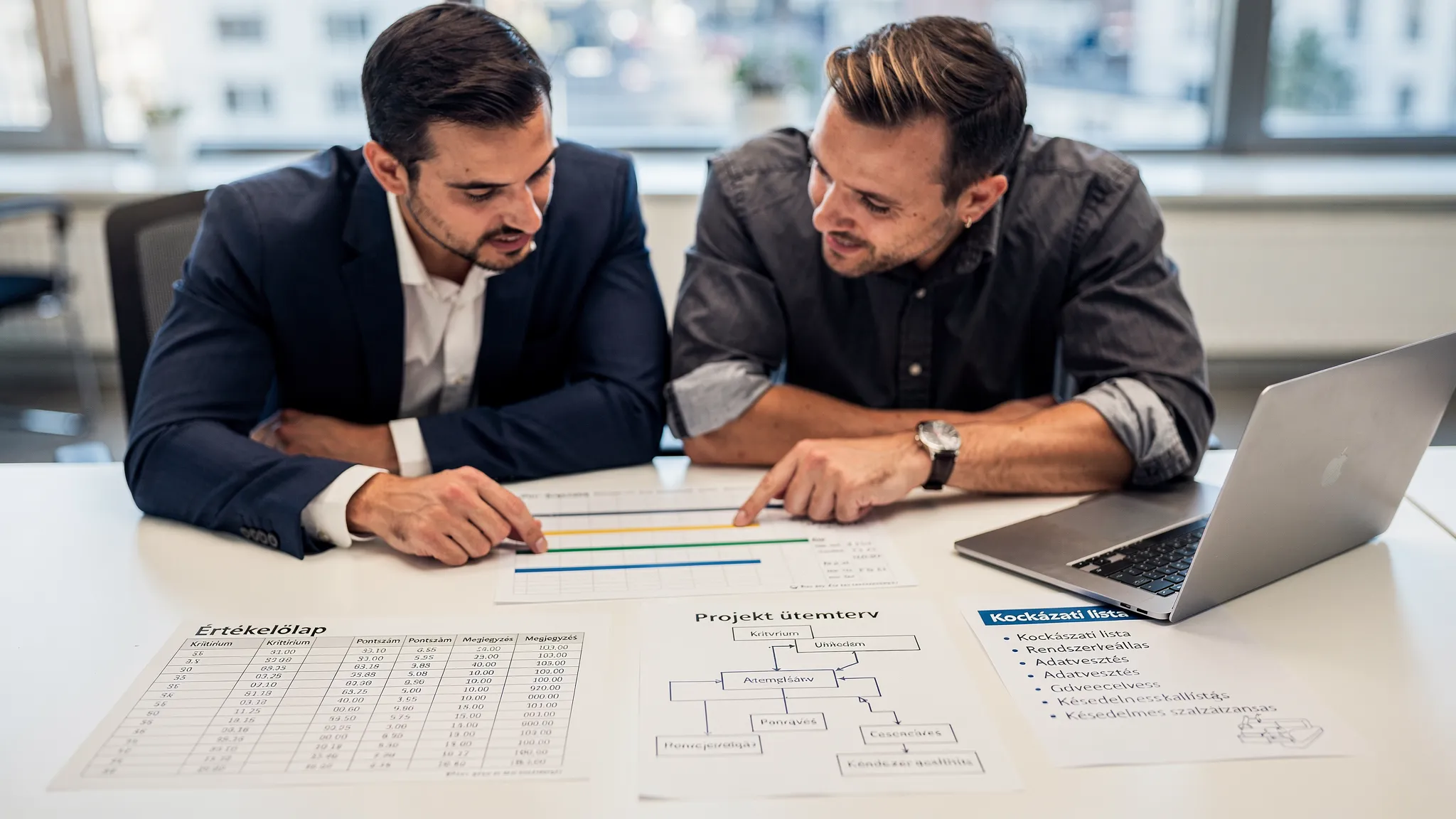 Üzleti vezető és IT vezető közösen áttekint egy táblázatos értékelőlapot és egy egyszerű projekt ütemtervet; az asztalon jegyzetek, rendszerarchitektúra vázlat és kockázati lista látható.
