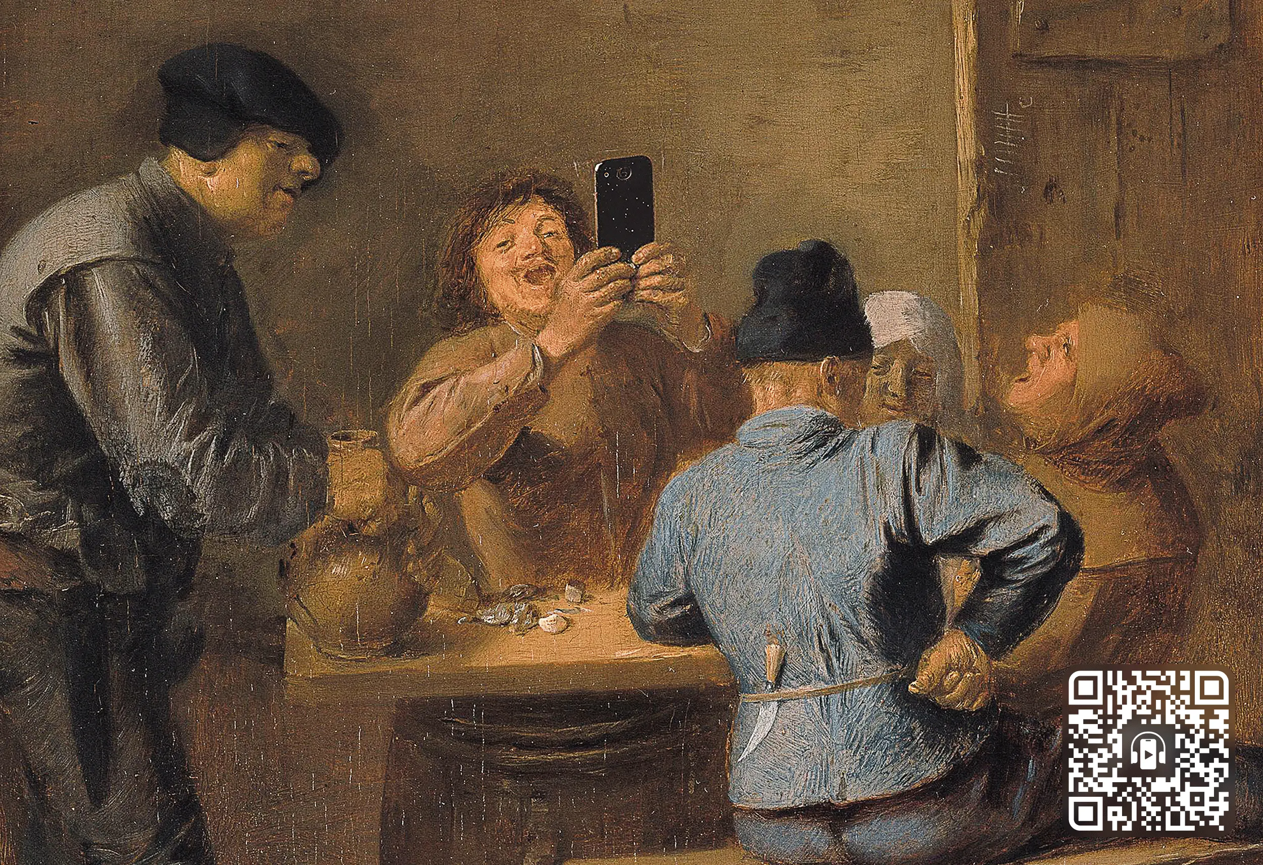 Barockes Genrebild mit fröhlicher Bauerngesellschaft; eine Figur hält ein Smartphone, im Vordergrund ein QR-Code mit Kopfhörer-Symbol — Hinweis auf den Audio-Pocket-Guide.