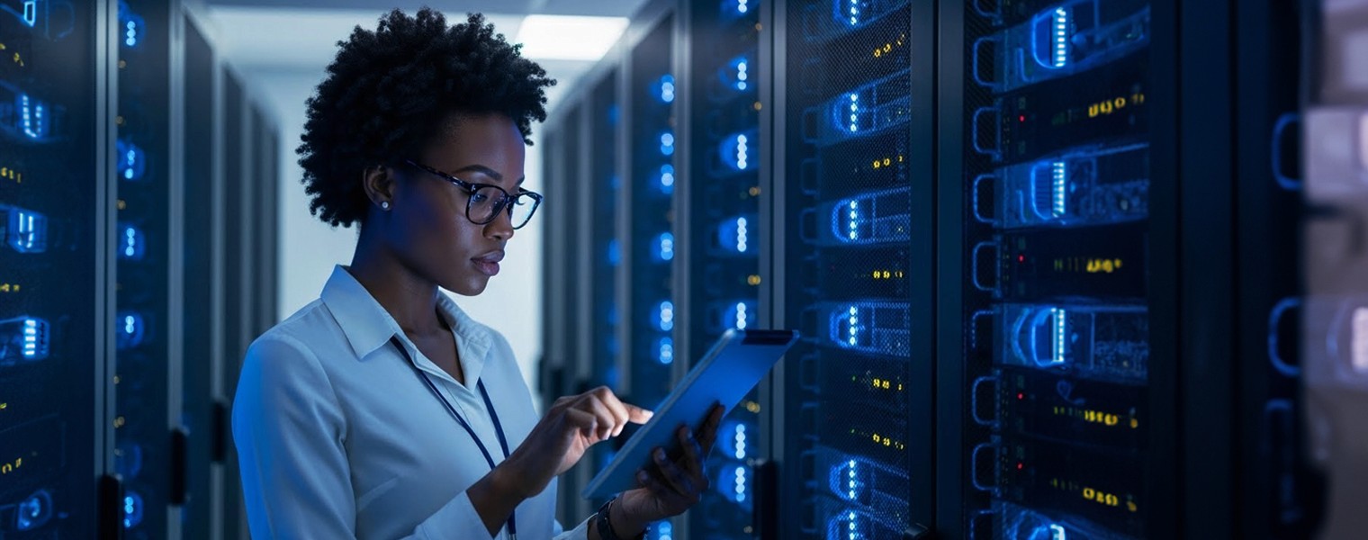 Woman working at a server room.