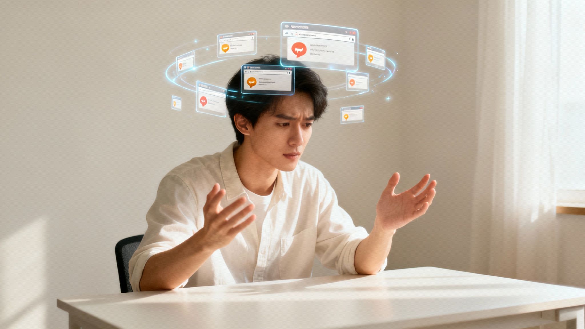 A person sitting at a desk, looking thoughtful and surrounded by organized chaos.