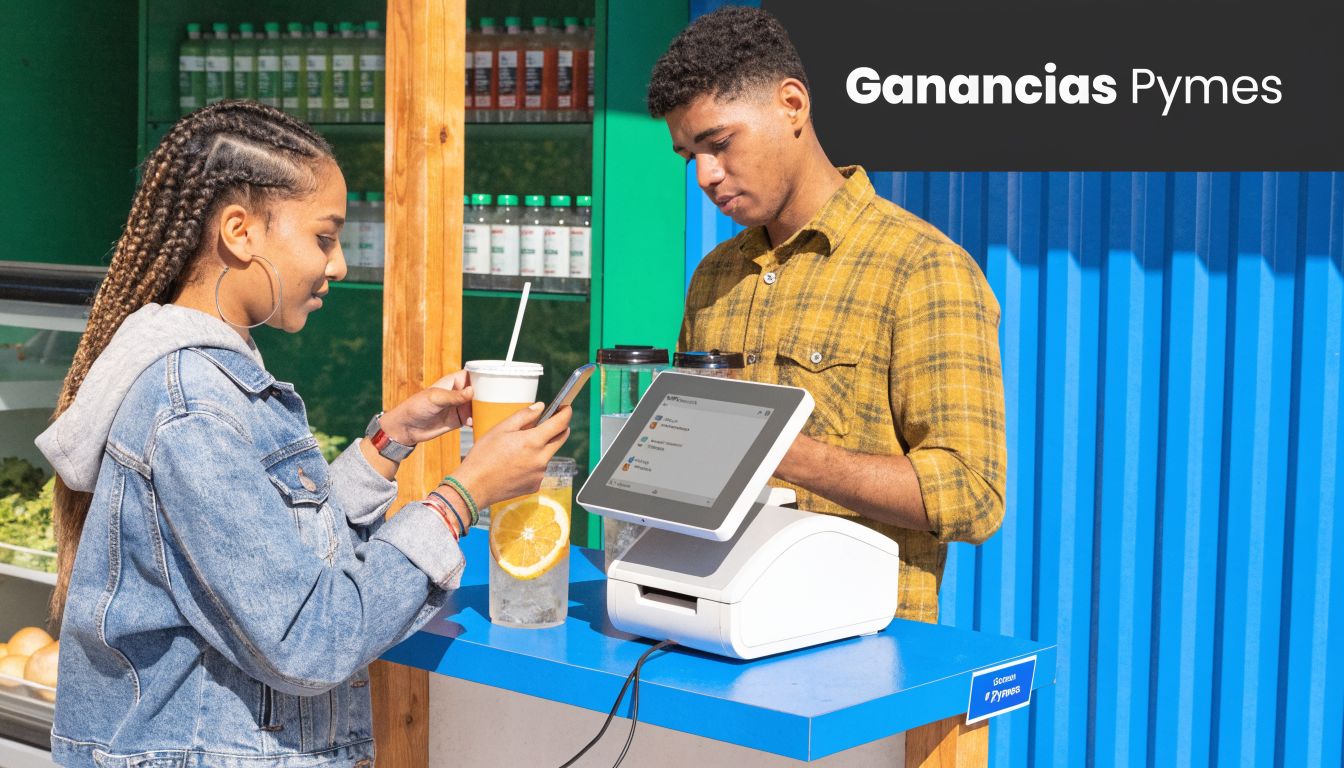 Una clienta paga en un puesto de comida utilizando su teléfono móvil frente al mostrador de ventas.