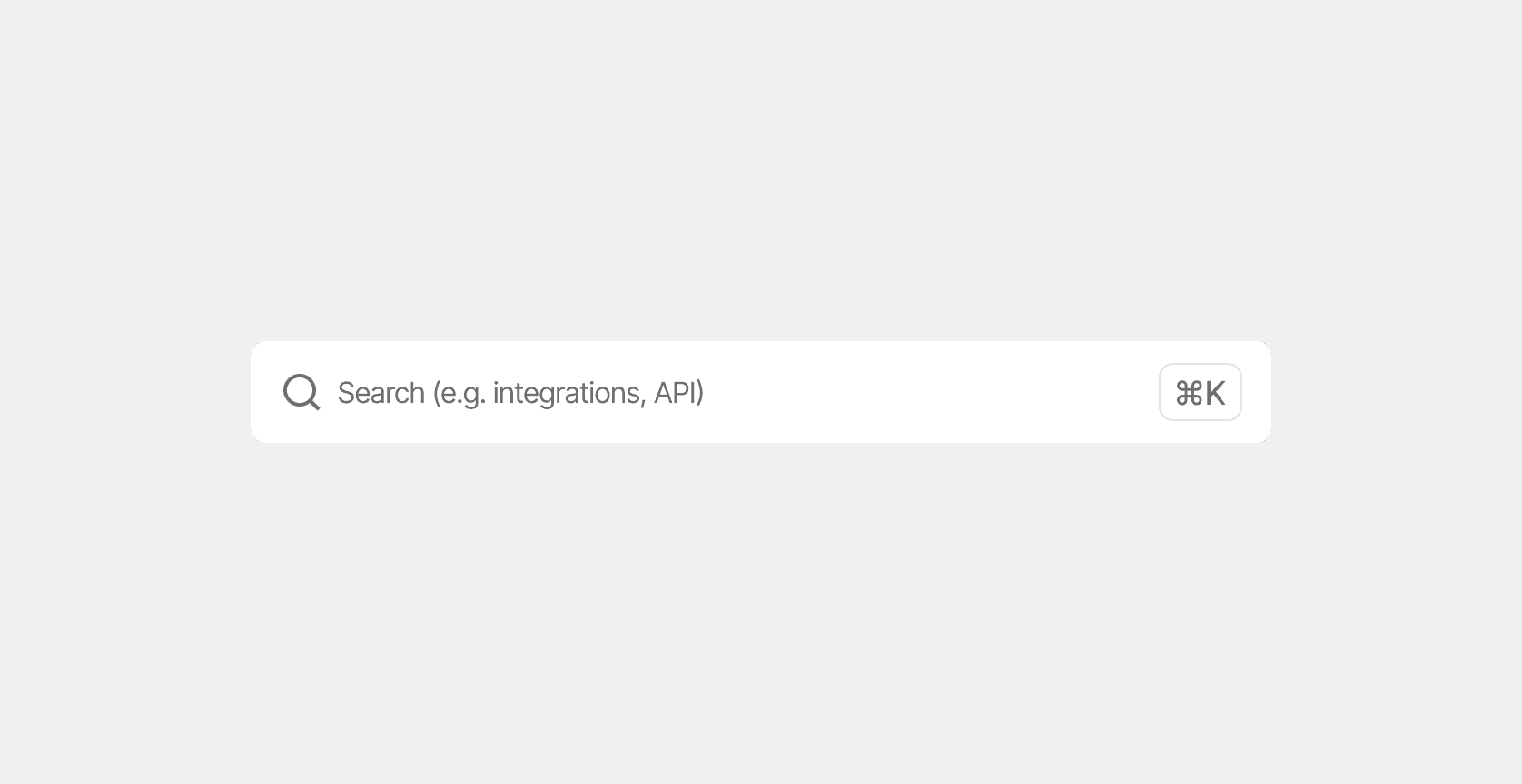 Search bar UI with placeholder “Search (e.g. integrations, API)”