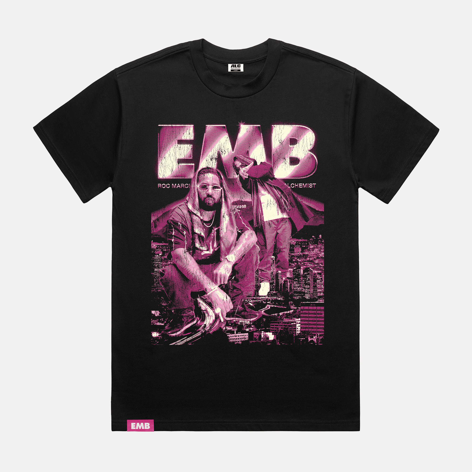 a black T shirt with a pink design of Roc Marciano & The alchemist
