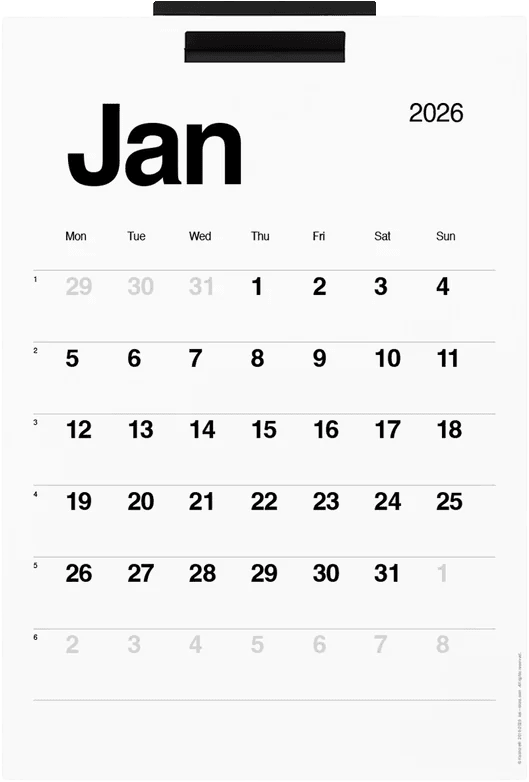 Kalstore wall calendar, a minimalist black-and-white January 2026 page with a bold month heading and date grid.