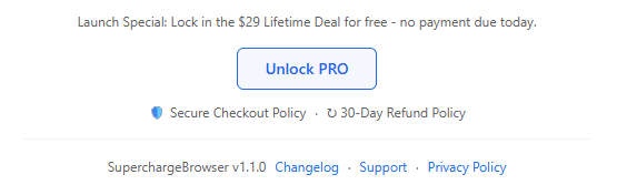 SuperchargeBrowser extension footer displaying the Unlock PRO button, secure checkout policy, and 30-day refund policy.