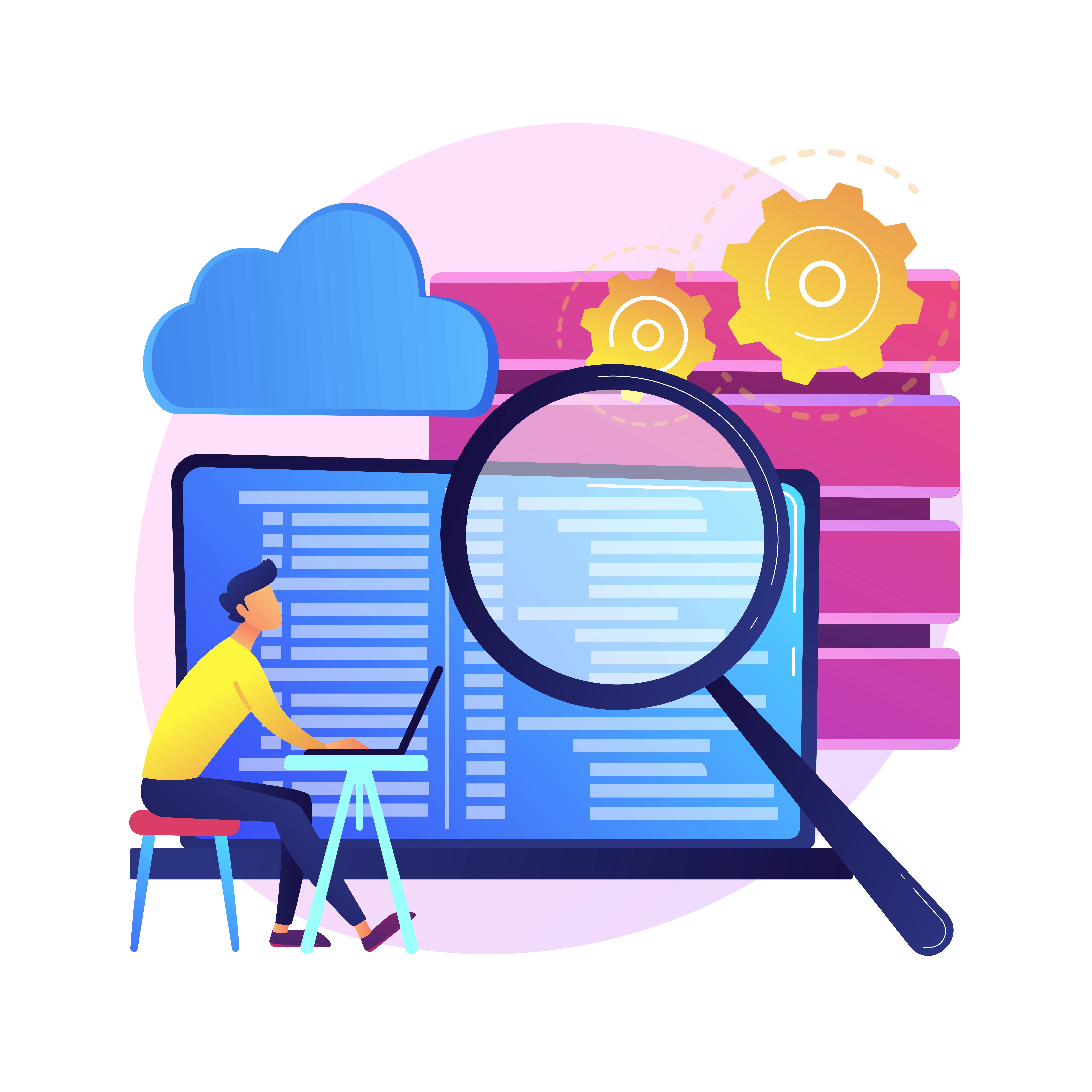 This is a really colorful illustration showing a man researching a suitable cloud software solution for his team.