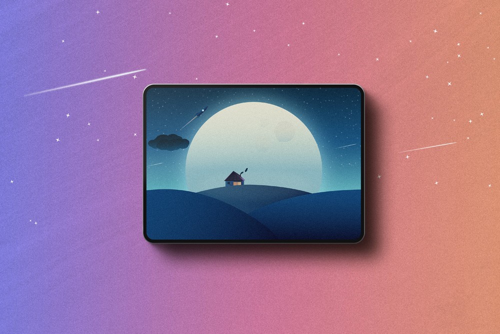 Visuel cliquable au format carré avec une tablette présentant une illustration type paysage avec des collines, une lune, maison sur une lune. Cliquer pour voir le projet.