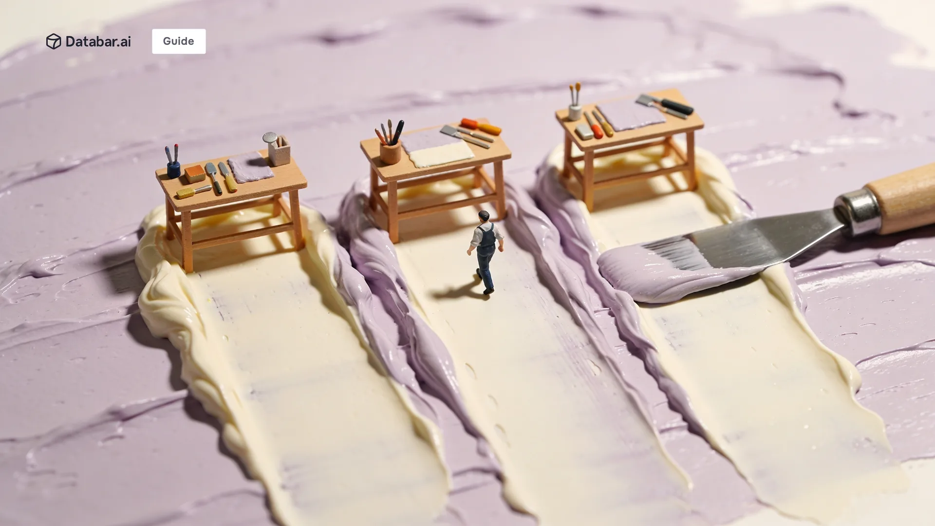 Fractional RevOps, illustrated as three small separate workbenches, each half finished, with one tiny figure walking between them