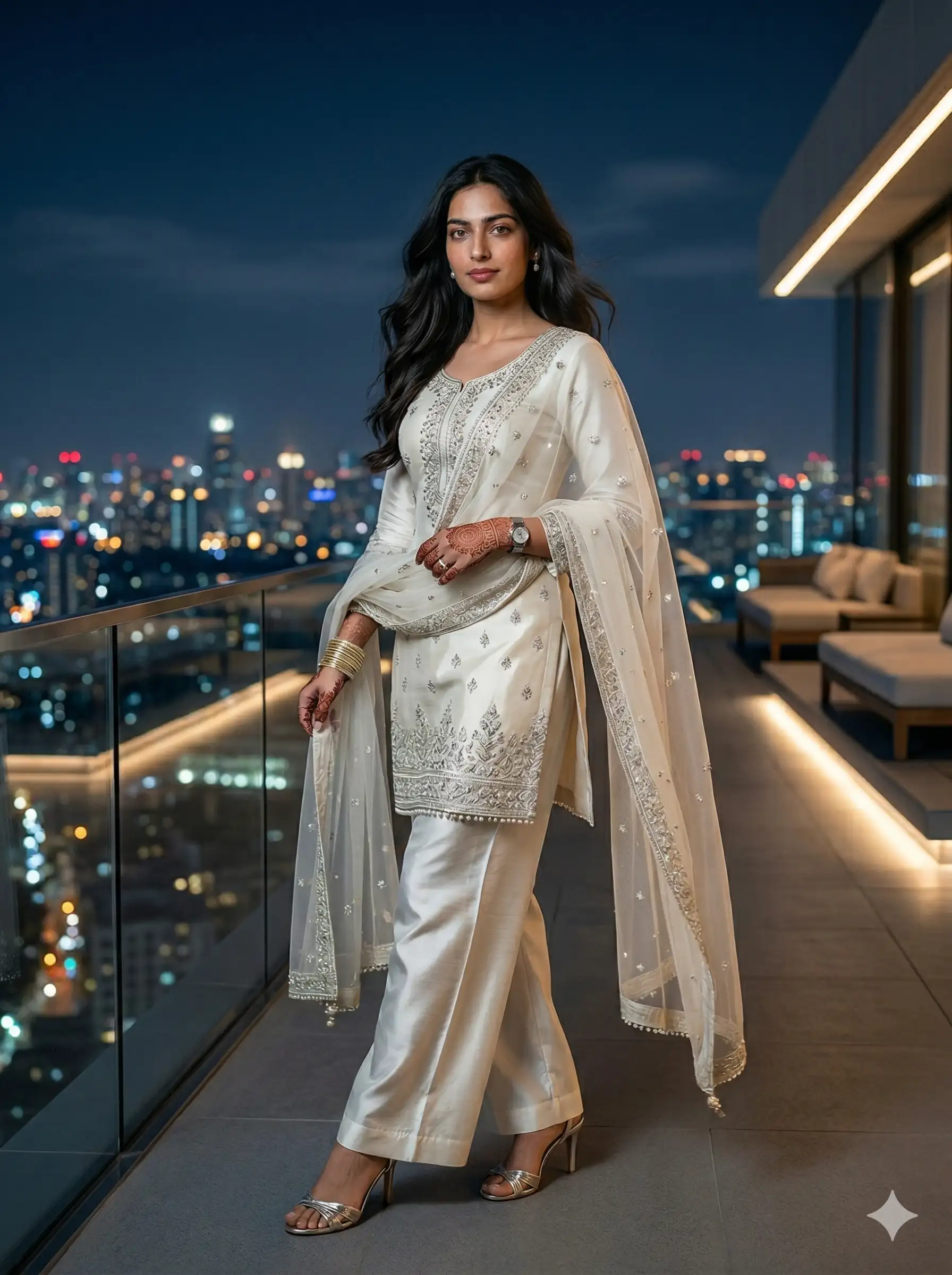AI-generated fashion photography of an Indian woman wearing an elegant white salwar kameez with silver embroidery, standing on a high-rise balcony against a nighttime city skyline. Generated by Mahendra R.