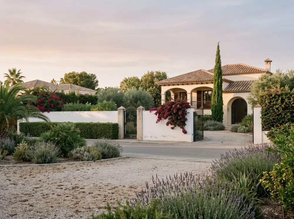 Mediterrane villa met cipres achter een witte muur met bougainville