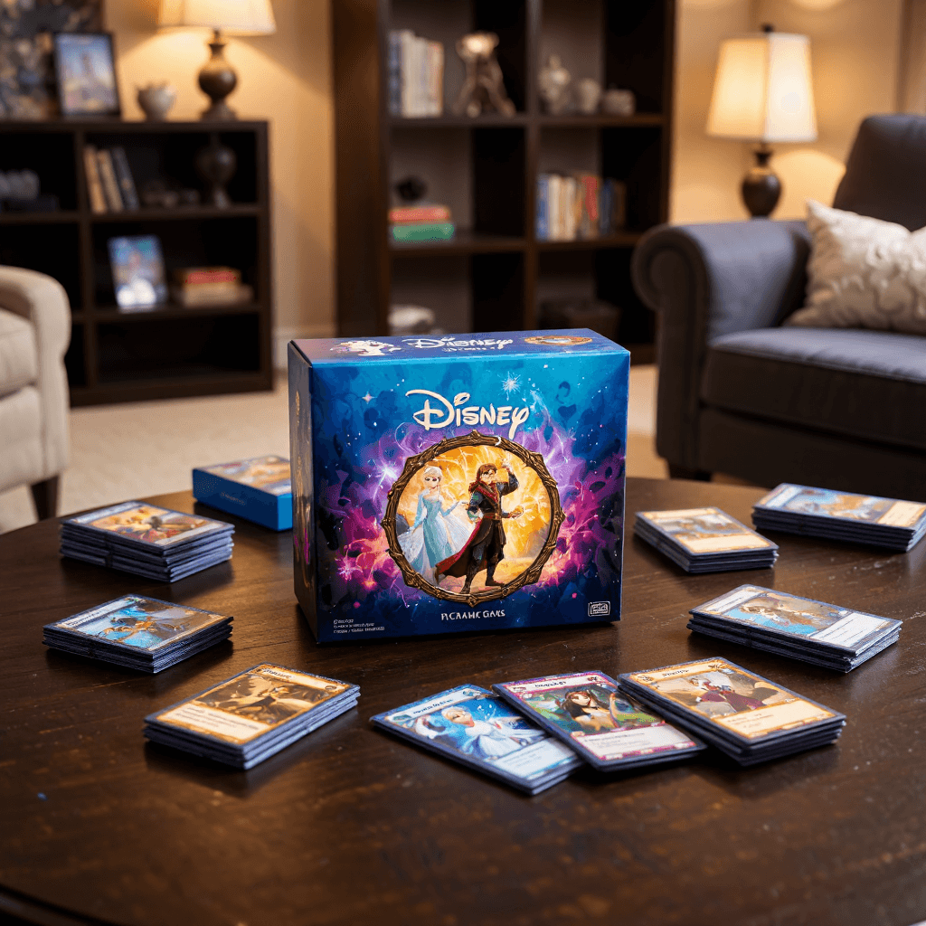 product photography of a trading card game set featuring Disney characters