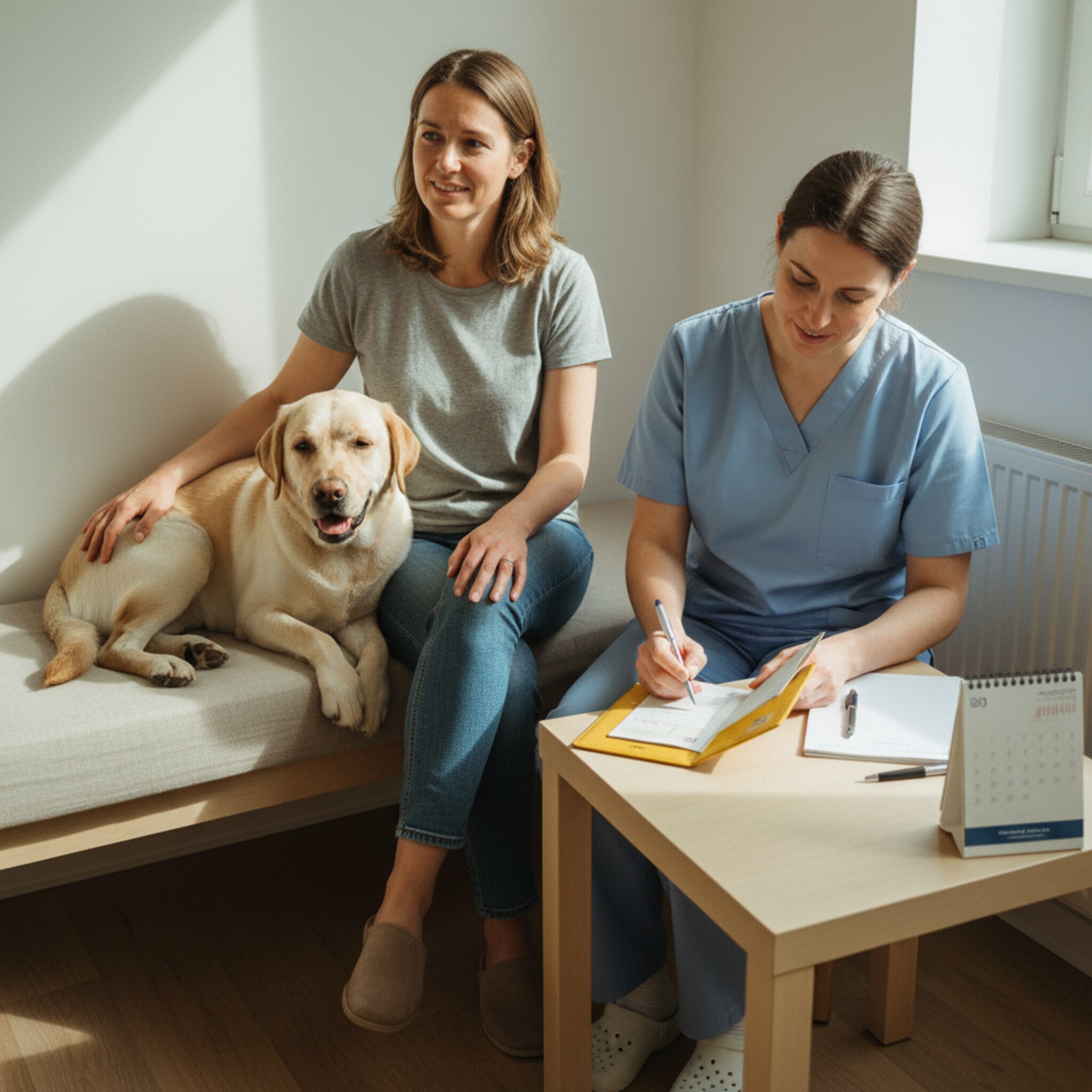 Eine Halterin hält ihren entspannten Labrador im Arm, während eine Mitarbeiterin liebevoll den Impfpass aufschlägt und eine nächste Booster-Impfung notiert. Ein ruhiger Beratungsplatz mit Stuhl, Stift und kleinem Kalender vermittelt Struktur und Verlässlichkeit für kommende Termine.