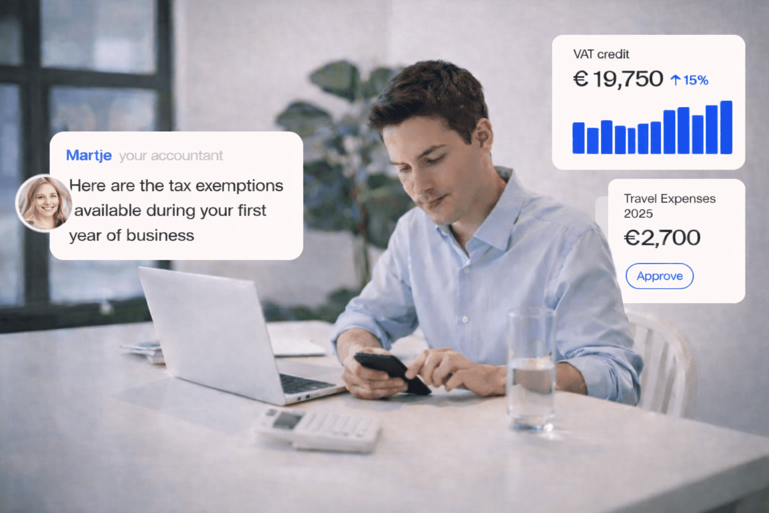 Man tax adviser sitting on his office desk looking and scrolling on his mobile phone