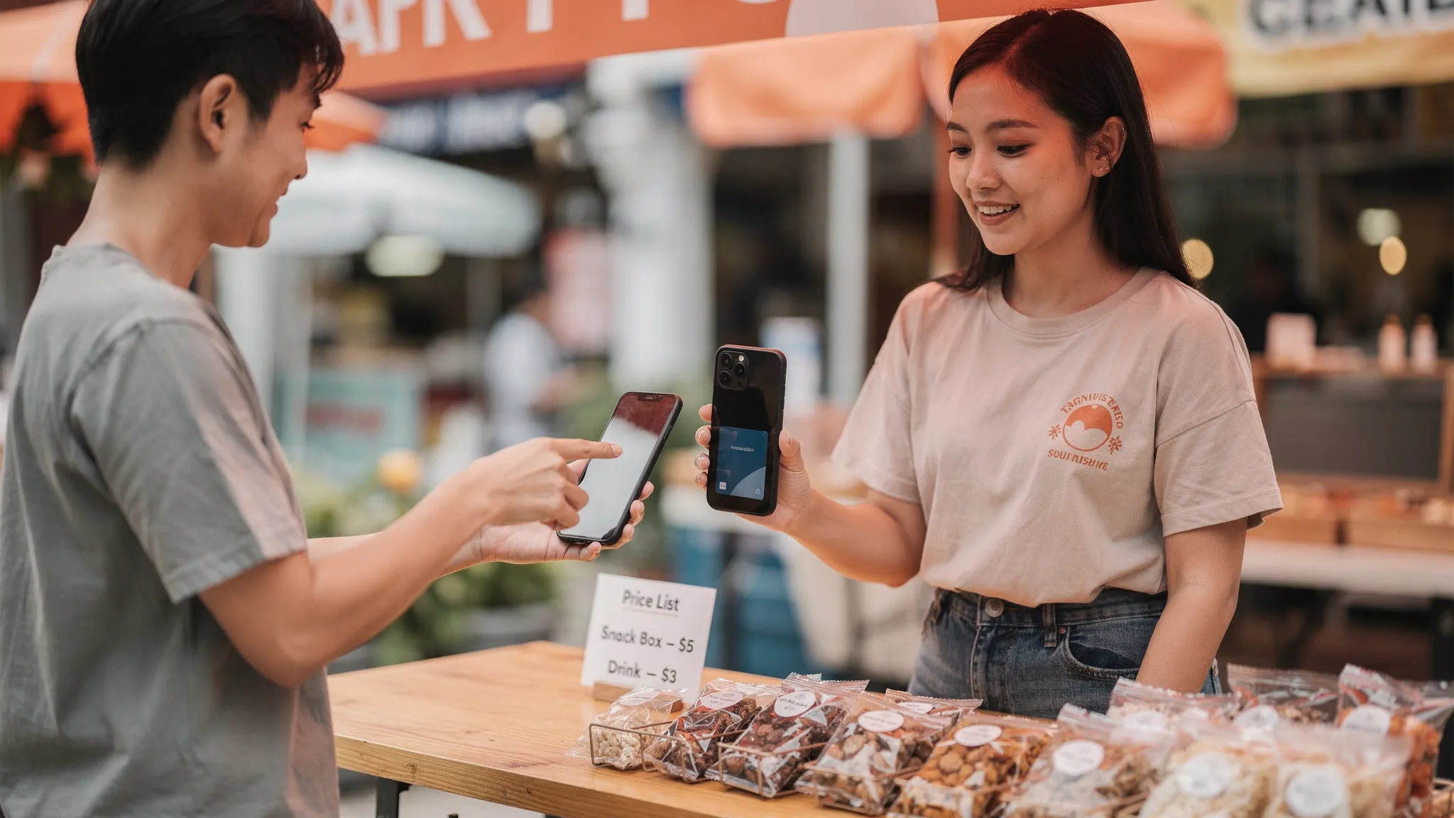 A Singapore small business owner at a pop-up booth accepting a contactless payment by holding an Android phone as the customer taps a smartphone with a mobile wallet on the back of the merchant’s device. The scene includes a simple price list, small products on a table, and a casual market environment.