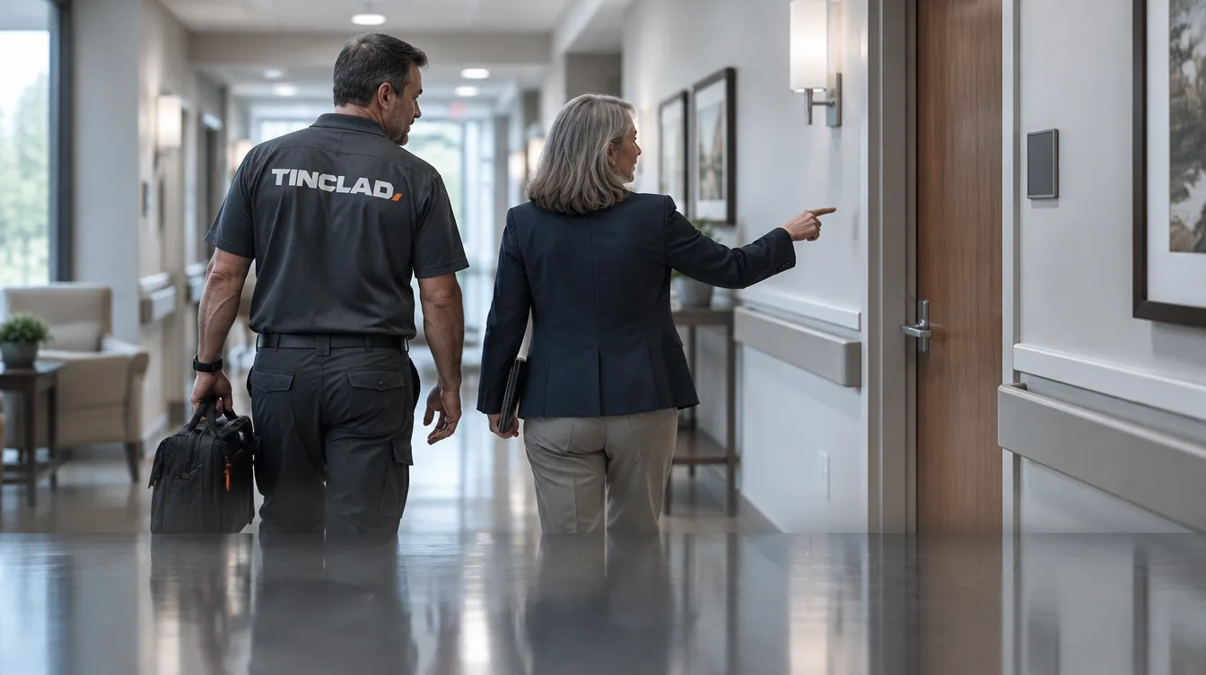 Tinclad technician and facility director walking a senior living corridor