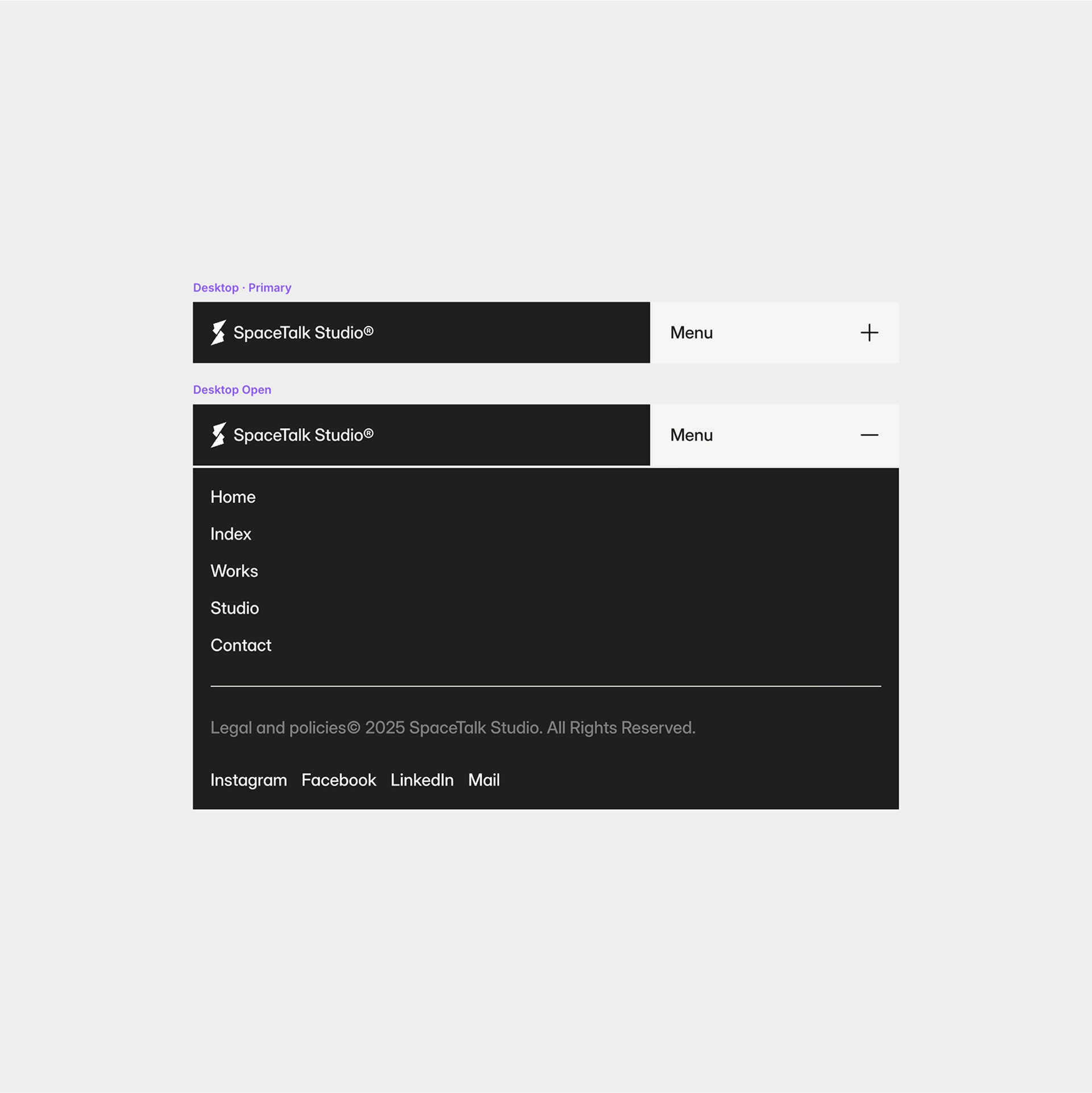 A minimalist web design navigation menu mockup from SpaceTalk Studio, showcasing a clean layout with options such as Home, Index, Works, Studio, and Contact, alongside social media and email links at the bottom, against a neutral gray background.