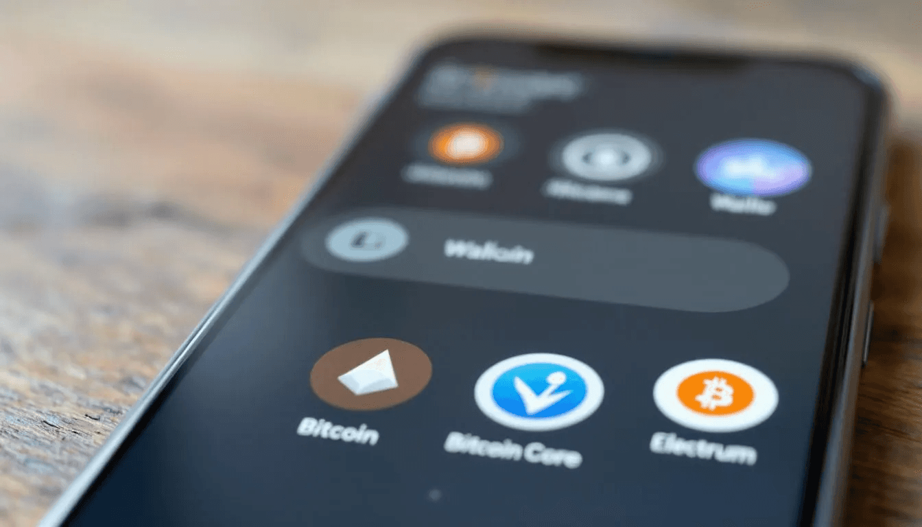 The image features a smartphone home screen showcasing various popular Bitcoin wallet applications, each designed to facilitate sending and receiving Bitcoin payments. These apps often include options for managing transaction fees and securely storing wallet addresses, enabling users to engage in peer-to-peer transactions within the Bitcoin network.
