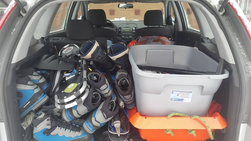 Car full of ice climbing gear
