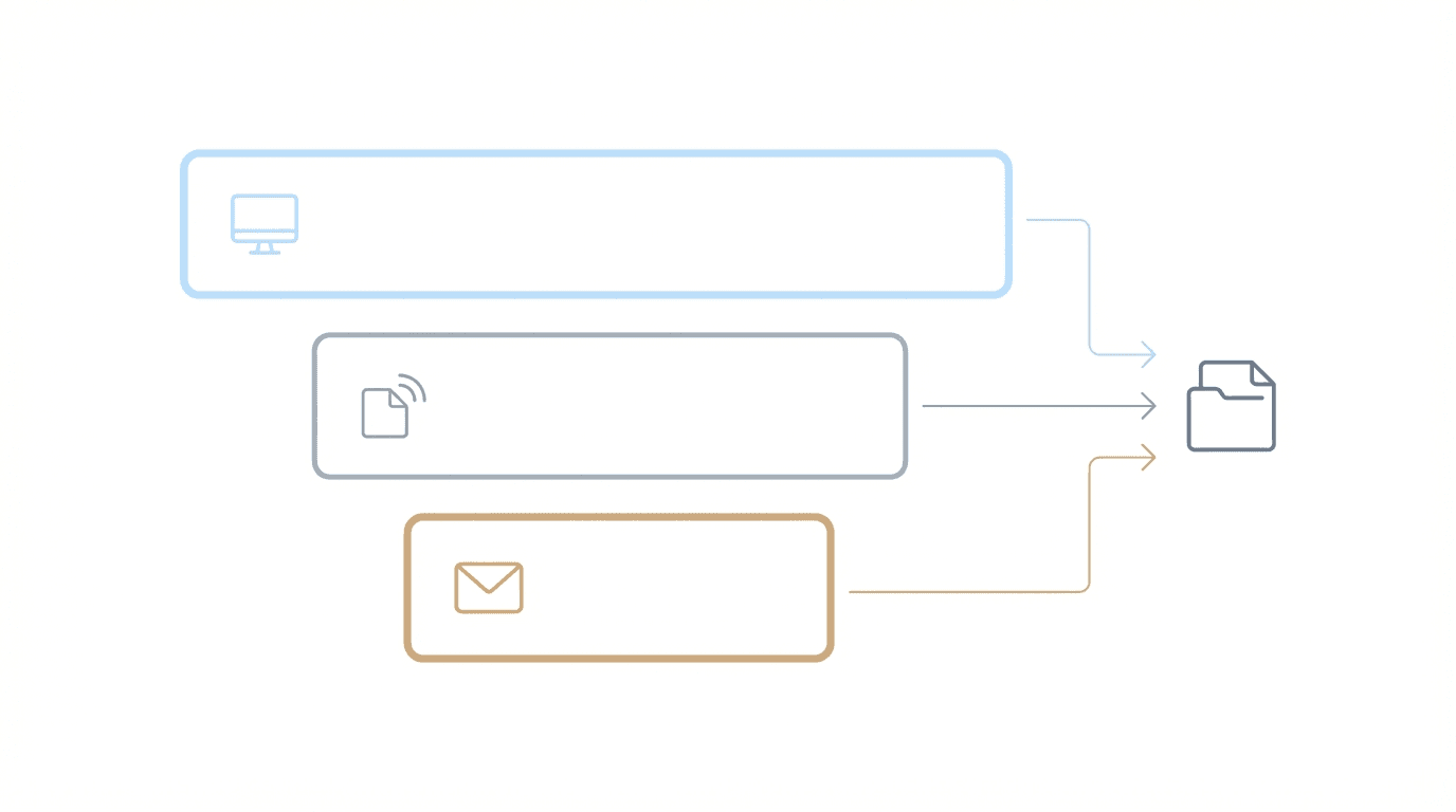 Three communication channels arranged as a visual hierarchy with ERE at top, fax in middle, and certified mail at bottom, showing priority flow toward a central case file