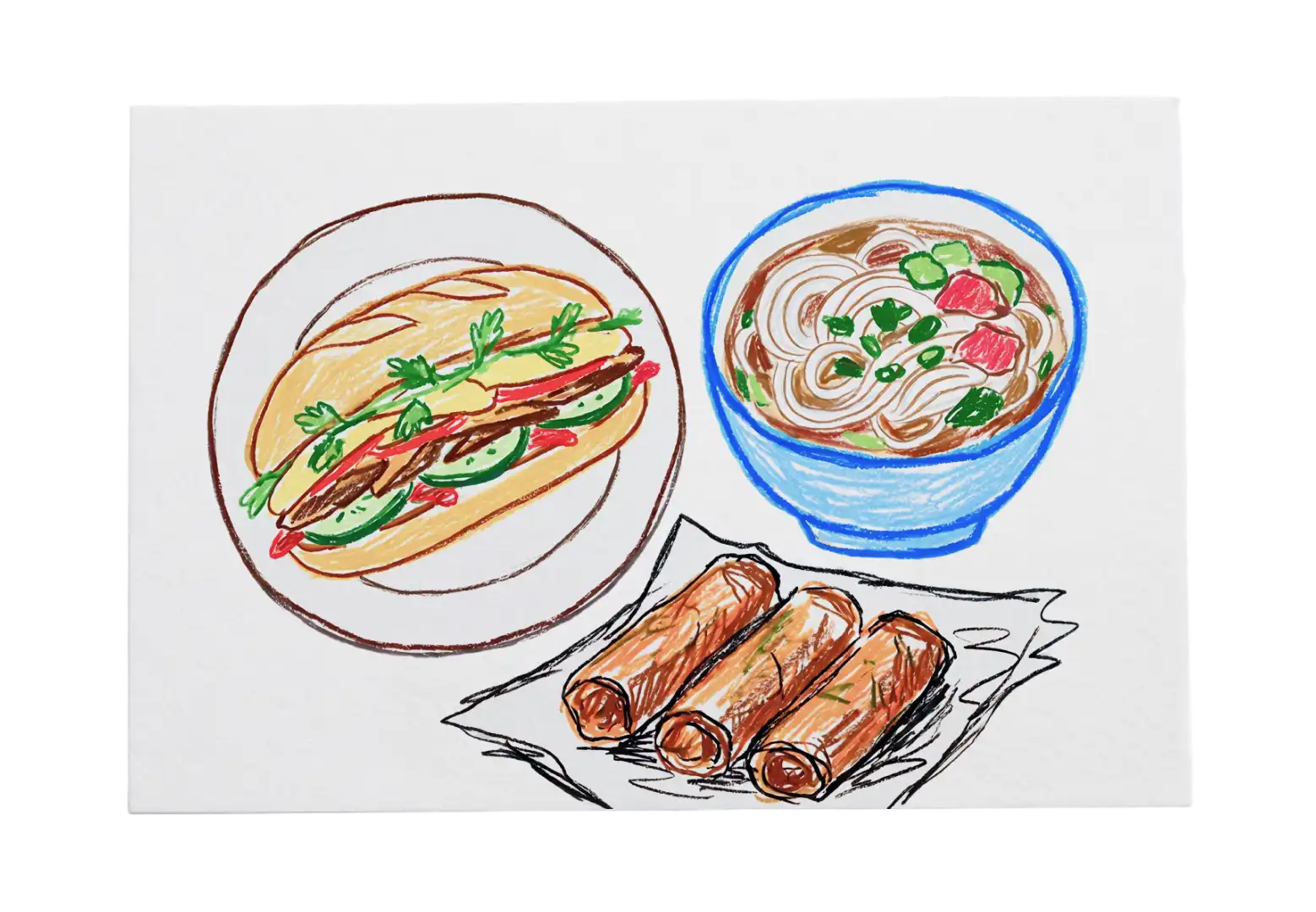 Pho Street Eats illustration of a bánh mì, a bowl of pho and spring rolls.