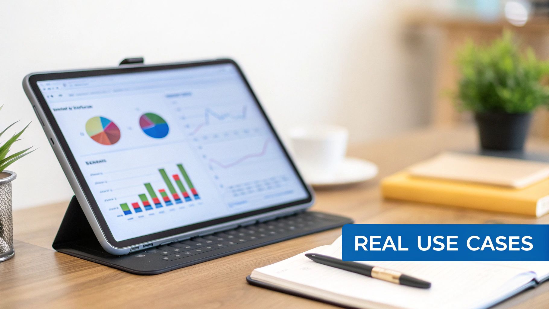 Tablet displaying colorful data analytics charts and graphs on desk with keyboard and notebook