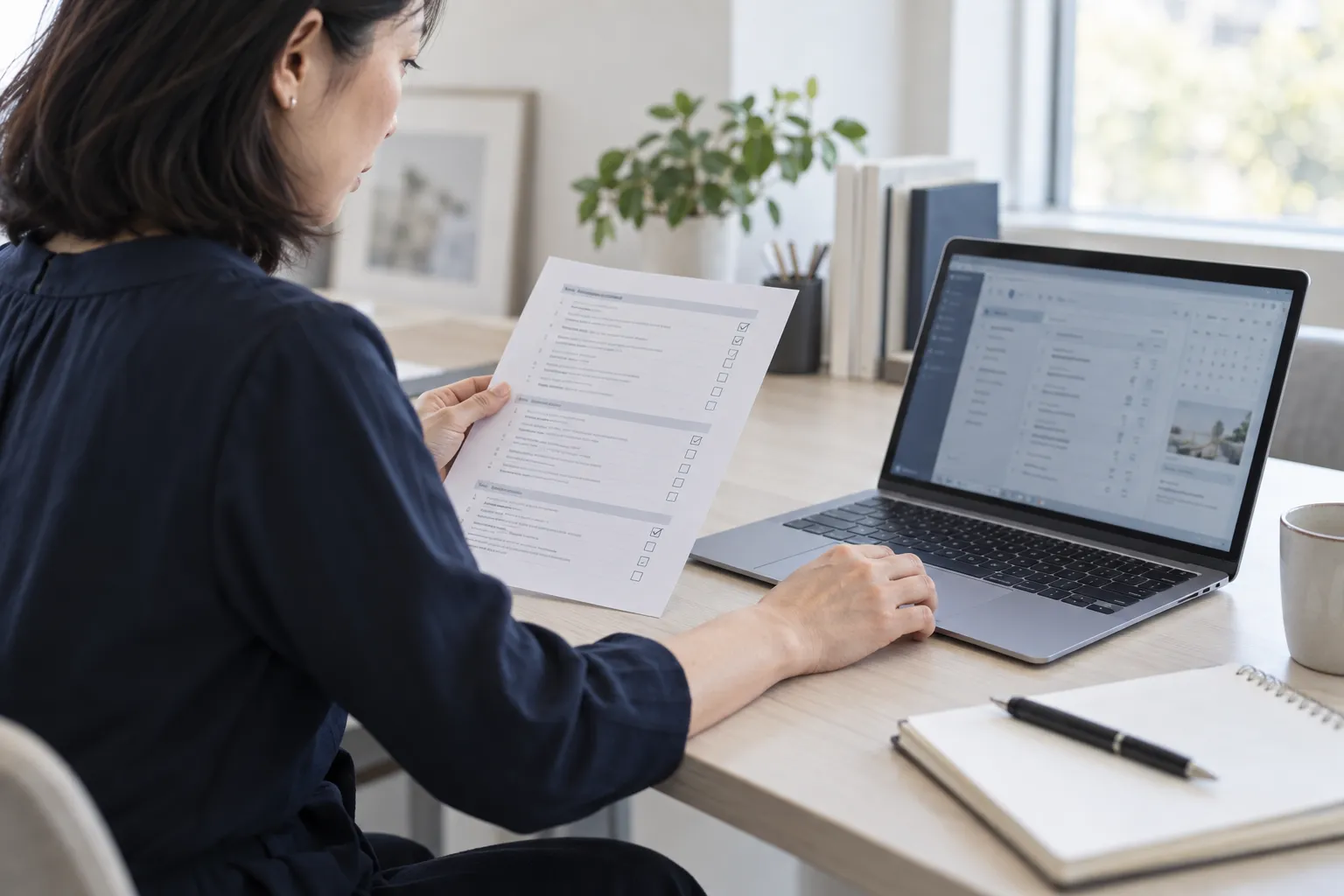 woman-reviewing-checklist-beside-laptop