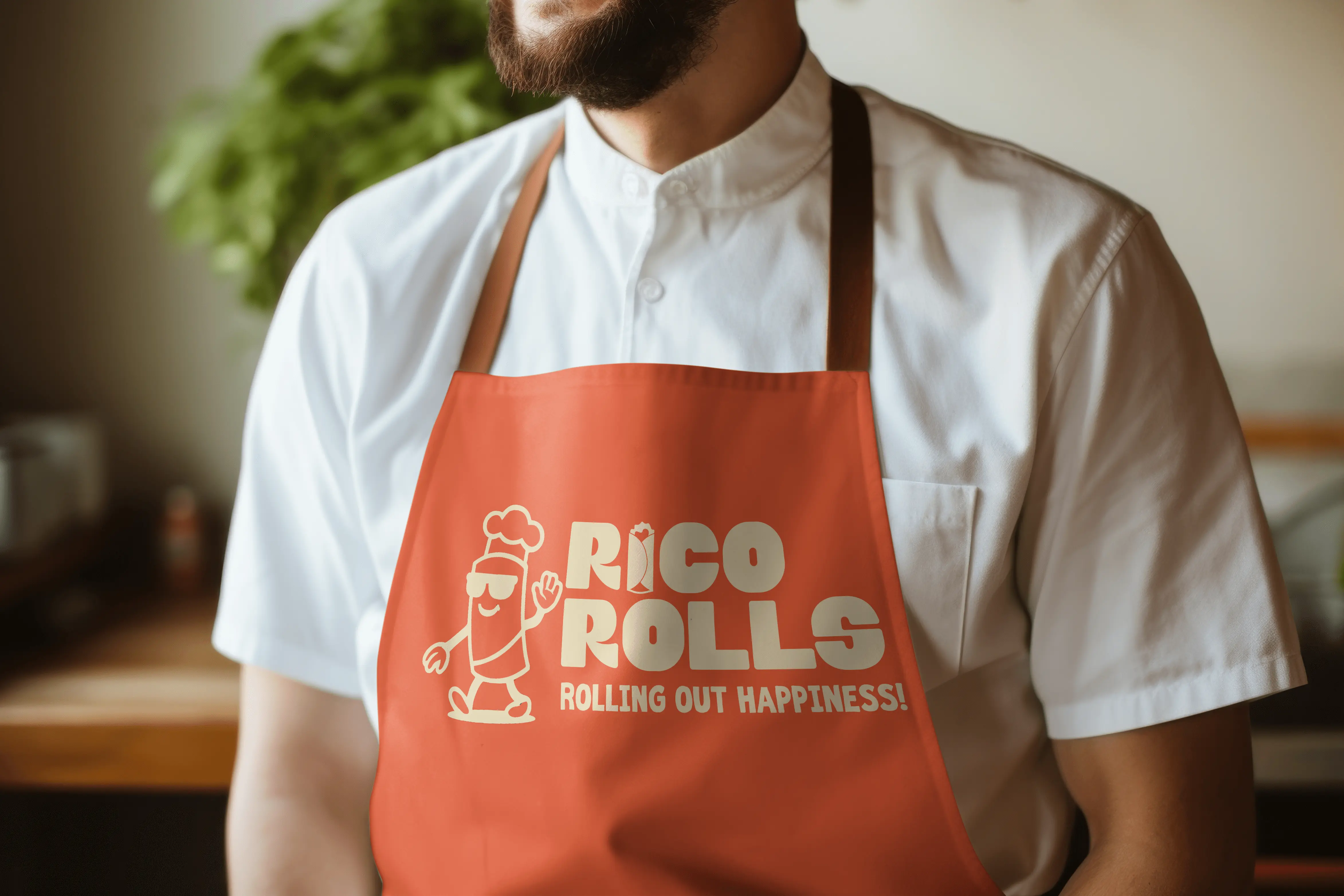Chef wearing a bright orange Rico Rolls apron featuring the brand mascot and the tagline ‘Rolling Out Happiness!’ inside a restaurant setting.